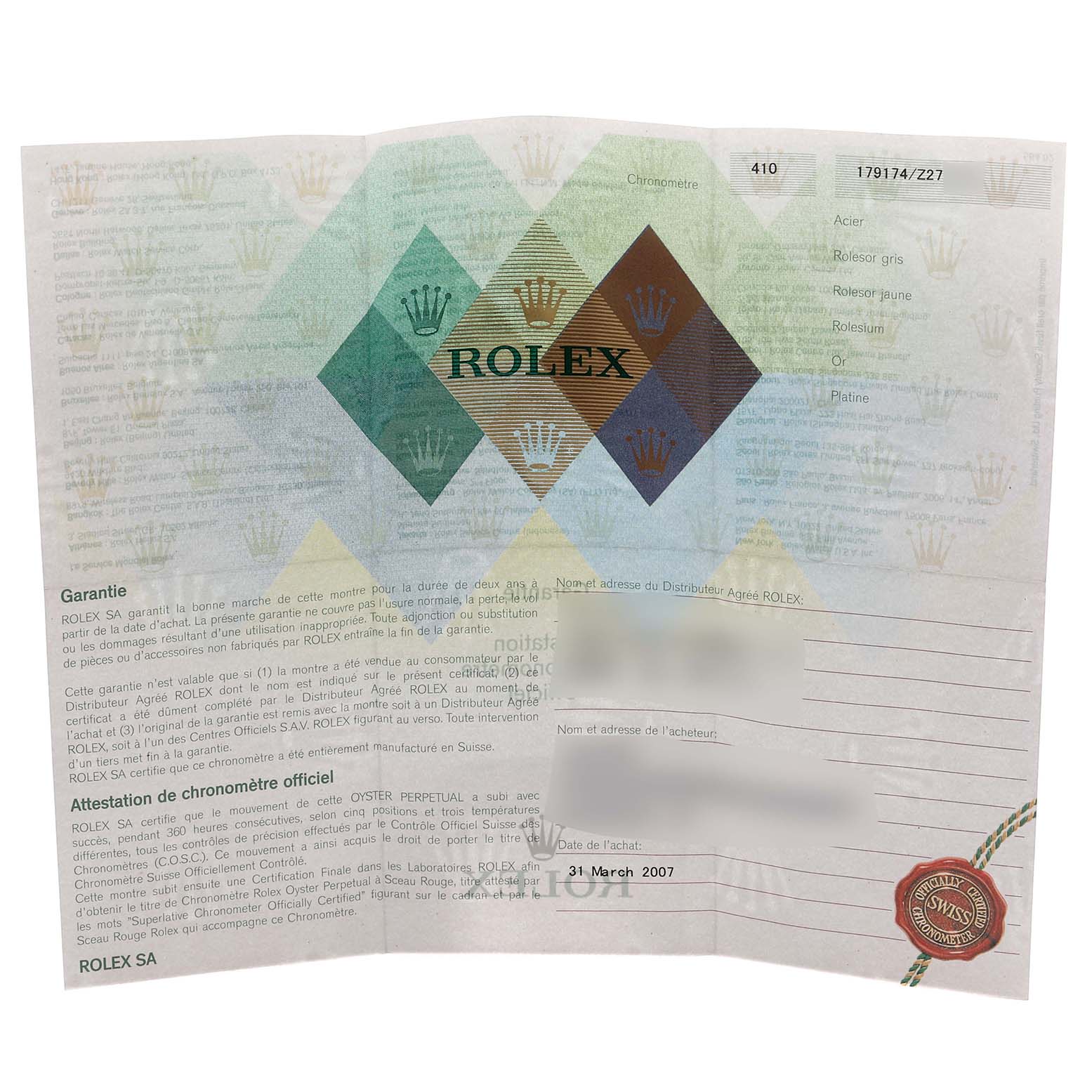 The image shows a warranty card for a Rolex Datejust 179174 Women's Stainless Steel Mother of Pearl Dial 179174 Women's Stainless Steel Mother of Pearl Dial, featuring text, logos, and a purchase date.