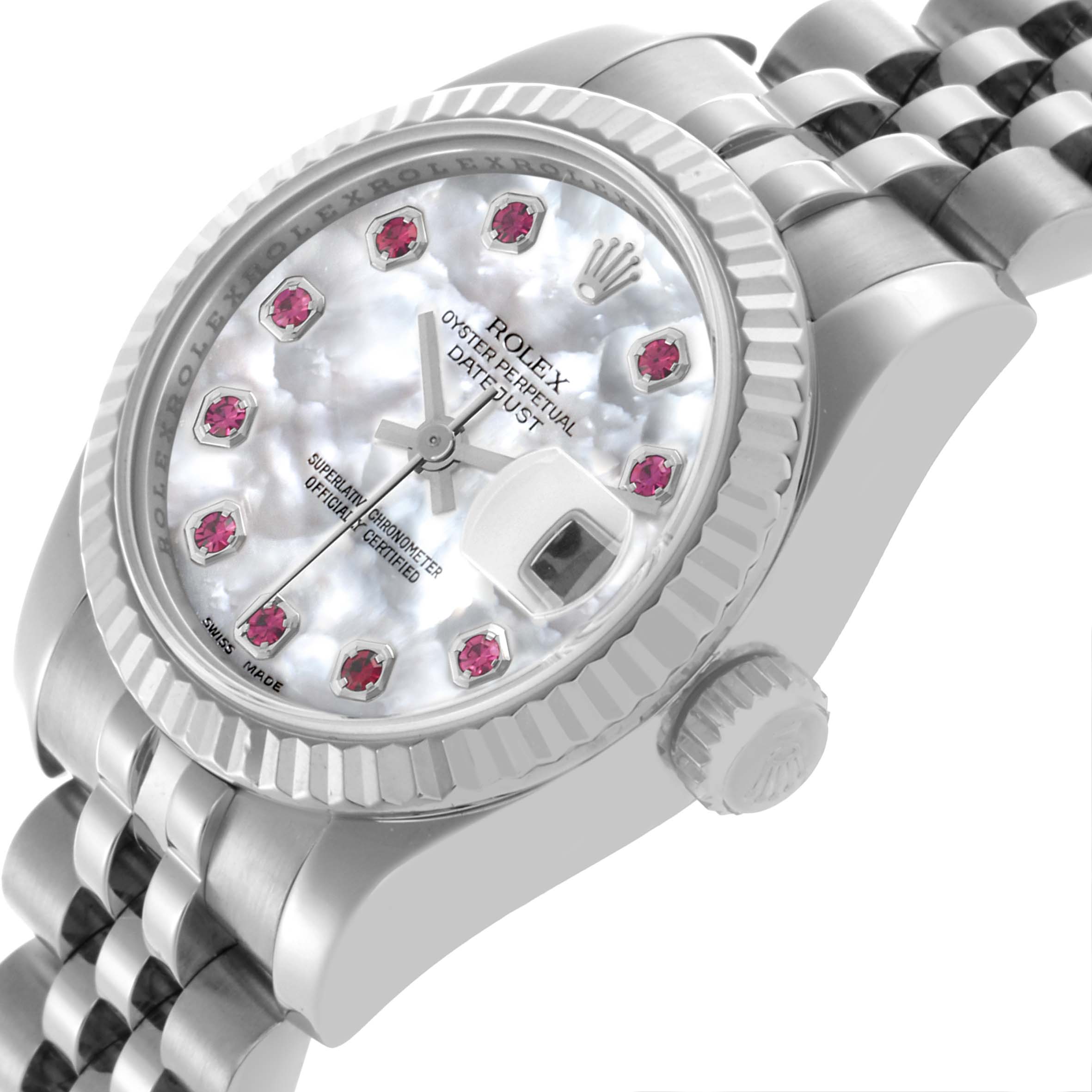 The Rolex Datejust 179174 Women's Stainless Steel Mother of Pearl Dial 179174 Women's Stainless Steel Mother of Pearl Dial watch is shown at an angled close-up, displaying the dial, bezel, crown, and part of the bracelet.