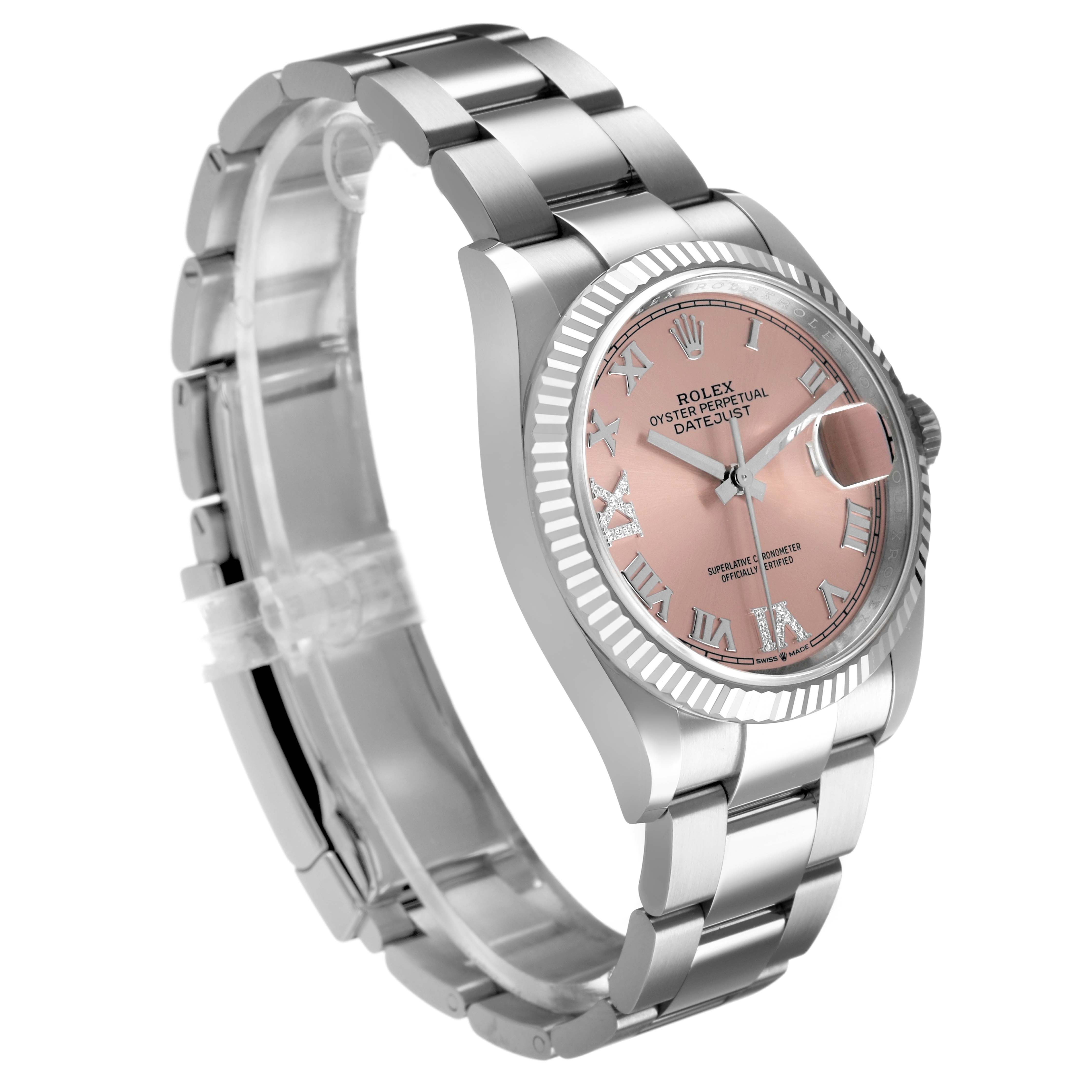 The Rolex Datejust 126234 Men's Stainless Steel Pink Dial watch is shown at a three-quarter angle, highlighting the face, bezel, and bracelet.