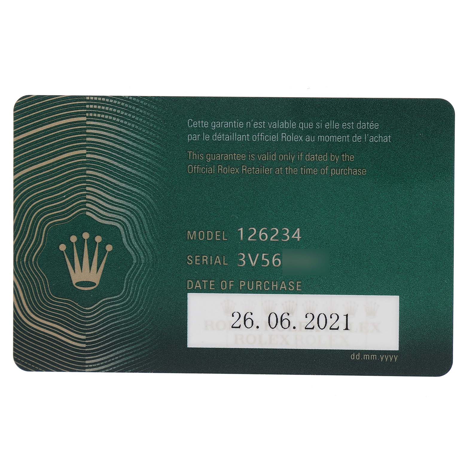 This image shows the guarantee card for a Rolex Datejust 126234 Men's Stainless Steel Pink Dial model, featuring model and serial numbers, and the date of purchase.