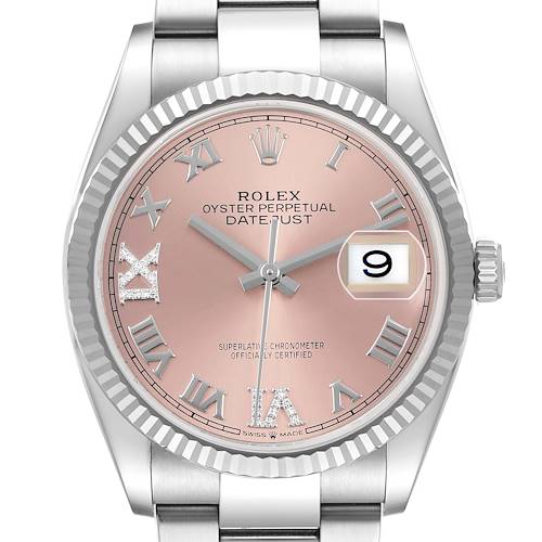 The Rolex Datejust 126234 Men's Stainless Steel Pink Dial watch is shown from a front angle, highlighting its pink dial, Roman numerals, date window, and metal bracelet.