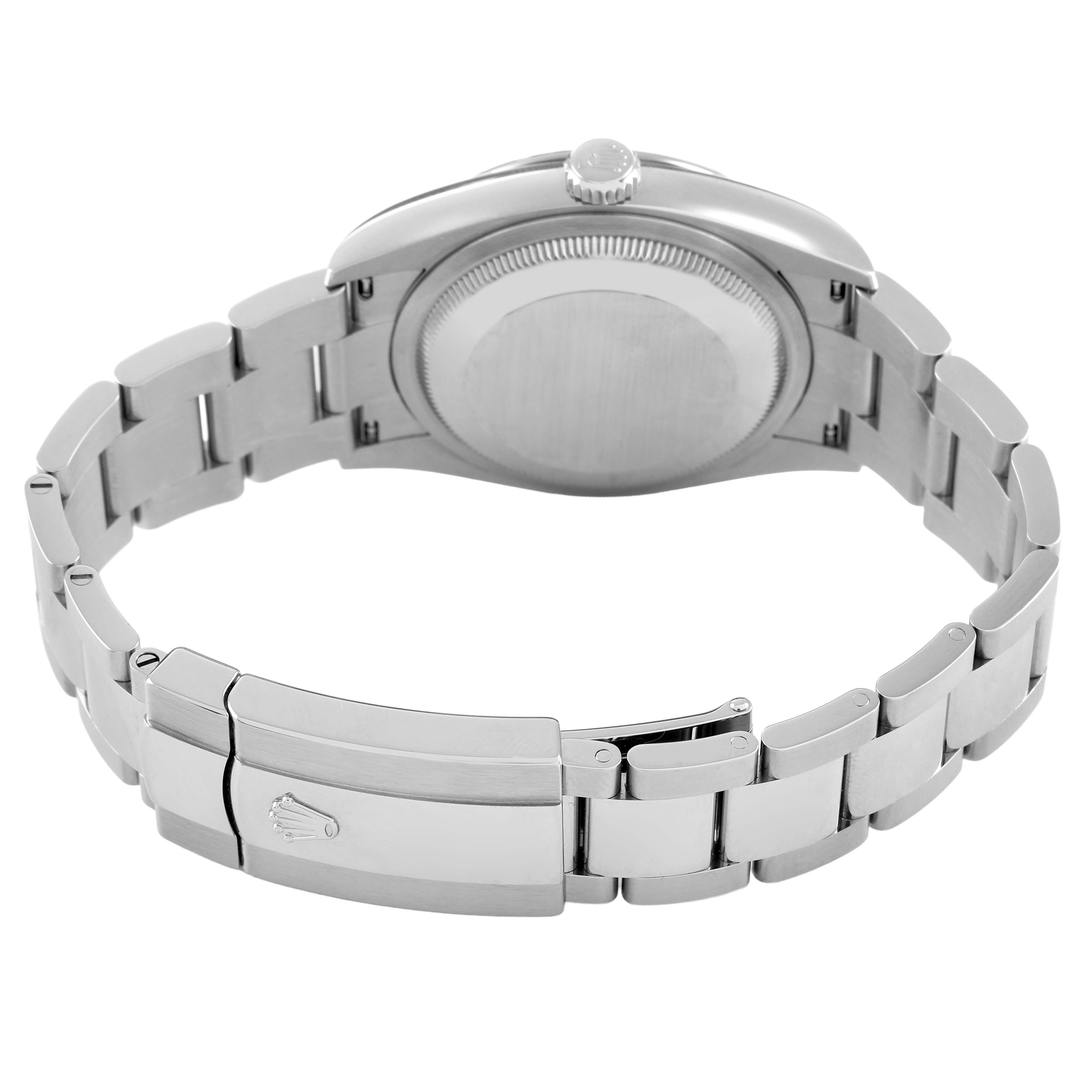 The image shows the Rolex Datejust 126234 Men's Stainless Steel Pink Dial watch from the back, highlighting the bracelet and clasp.