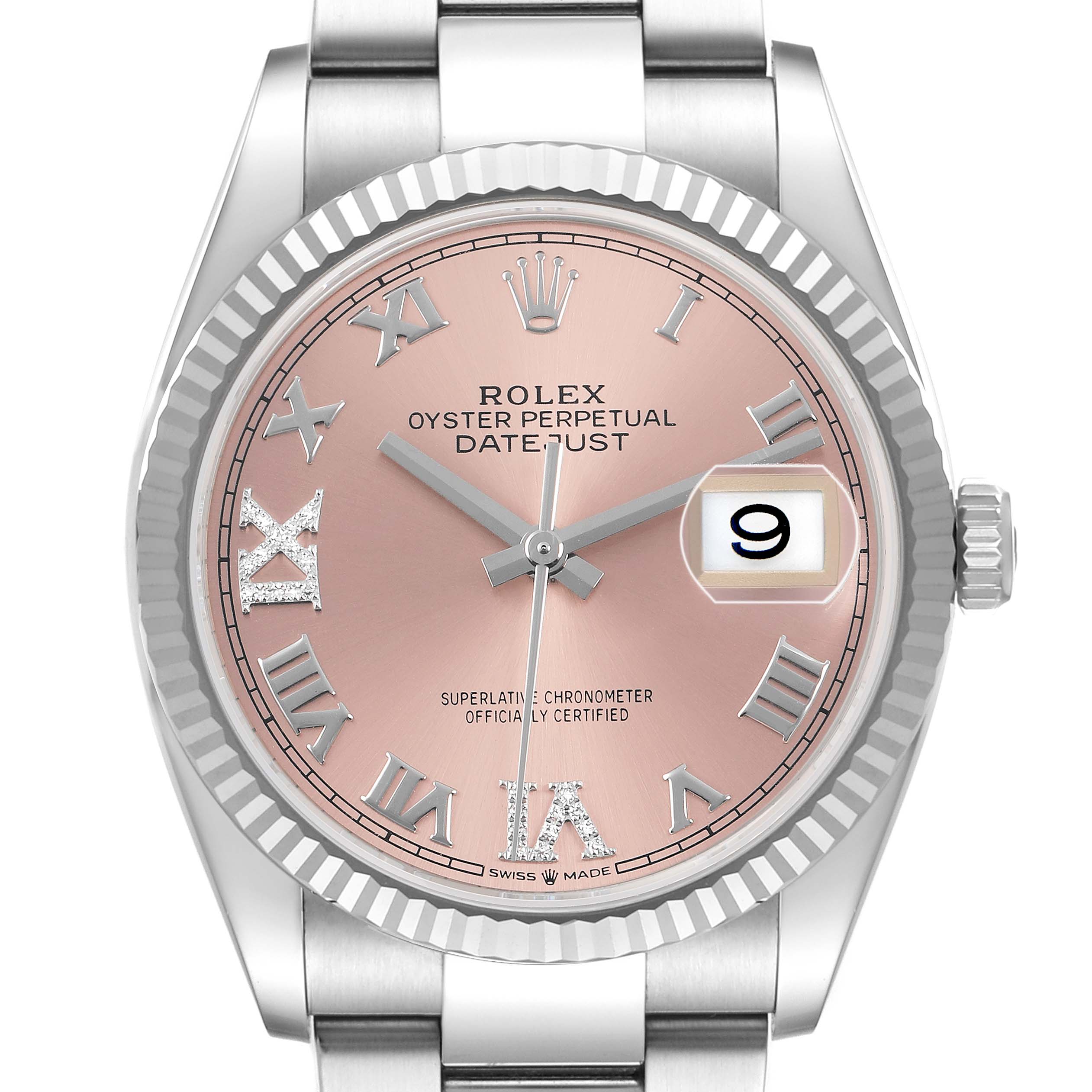 The Rolex Datejust 126234 Men's Stainless Steel Pink Dial watch is shown from a frontal angle, highlighting the pink dial, fluted bezel, and date window.
