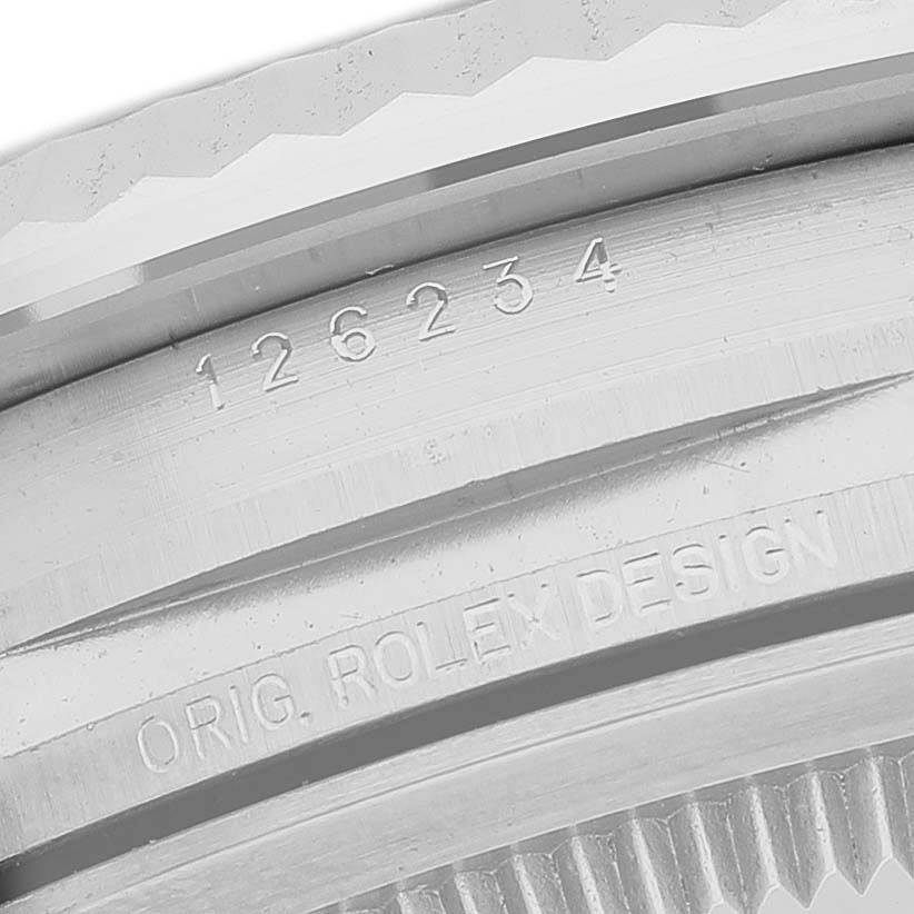 The image shows the side view of a Rolex Datejust 126234 Men's Stainless Steel Pink Dial model, highlighting the case with model and design engravings.