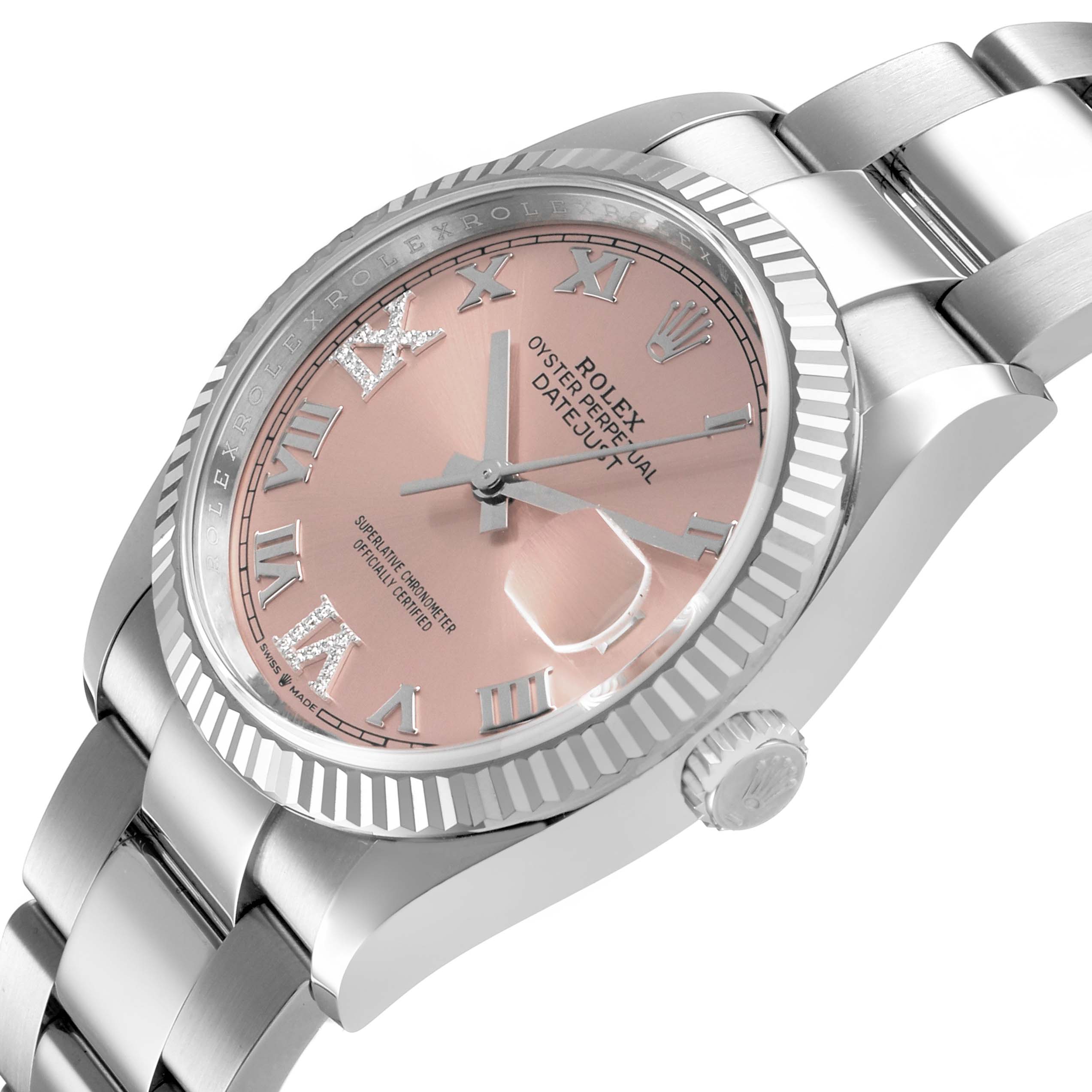 The Rolex Datejust 126234 Men's Stainless Steel Pink Dial watch is shown from an angled view, displaying the dial, bezel, bracelet, and crown.