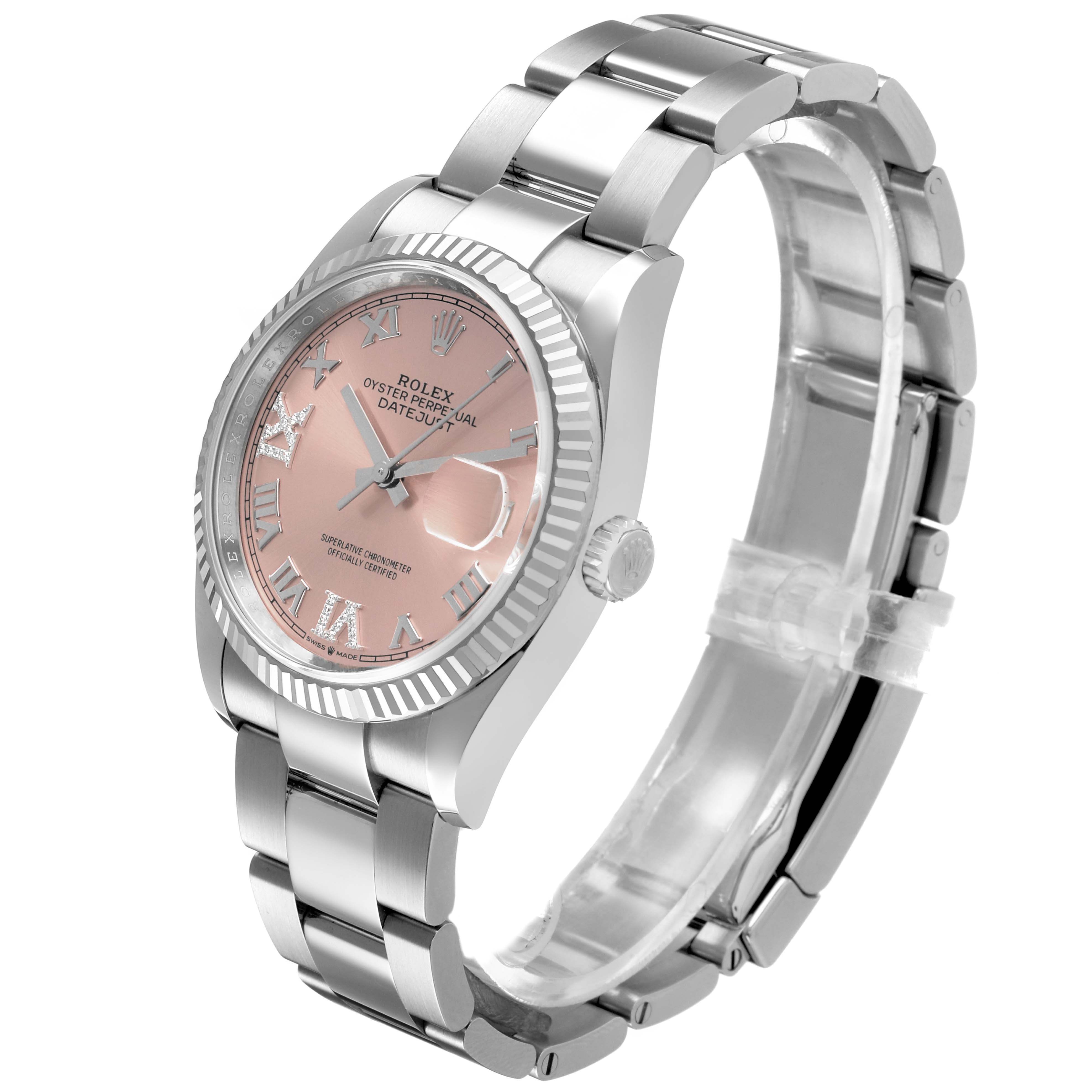 The Rolex Datejust 126234 Men's Stainless Steel Pink Dial watch is shown from a three-quarter angle, displaying the face, bezel, crown, and part of the bracelet.
