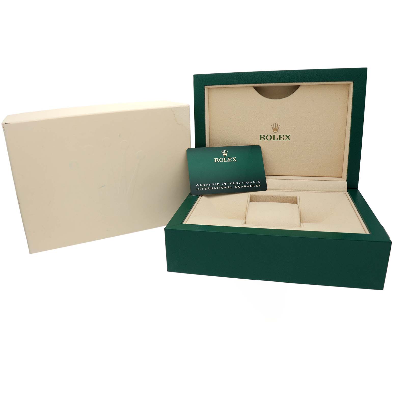 The image shows an open green Rolex Datejust 126234 Men's Stainless Steel Pink Dial box, warranty card, and outer packaging from a front angle.
