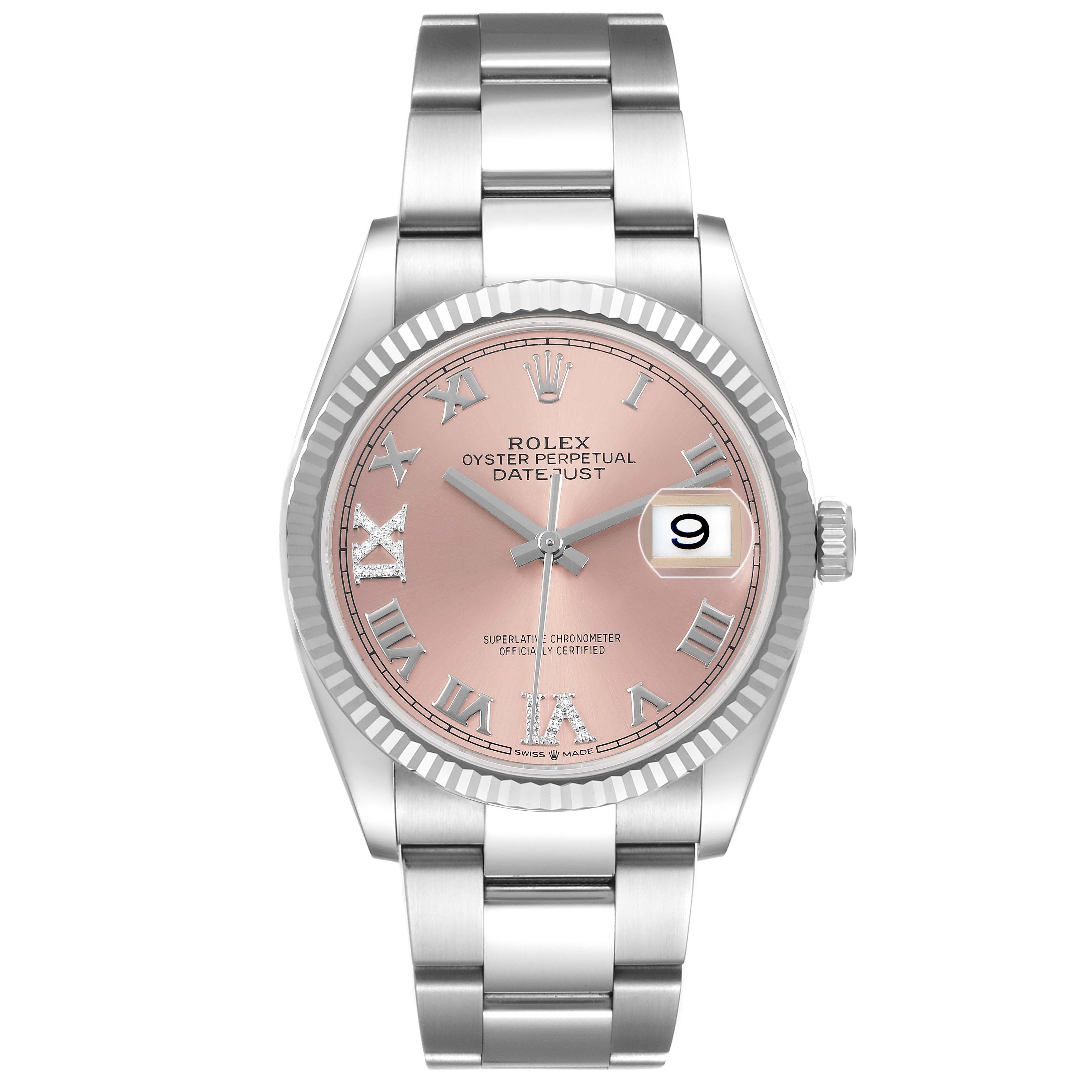 The image shows a front view of the Rolex Datejust 126234 Men's Stainless Steel Pink Dial watch, highlighting its dial, bezel, and bracelet.