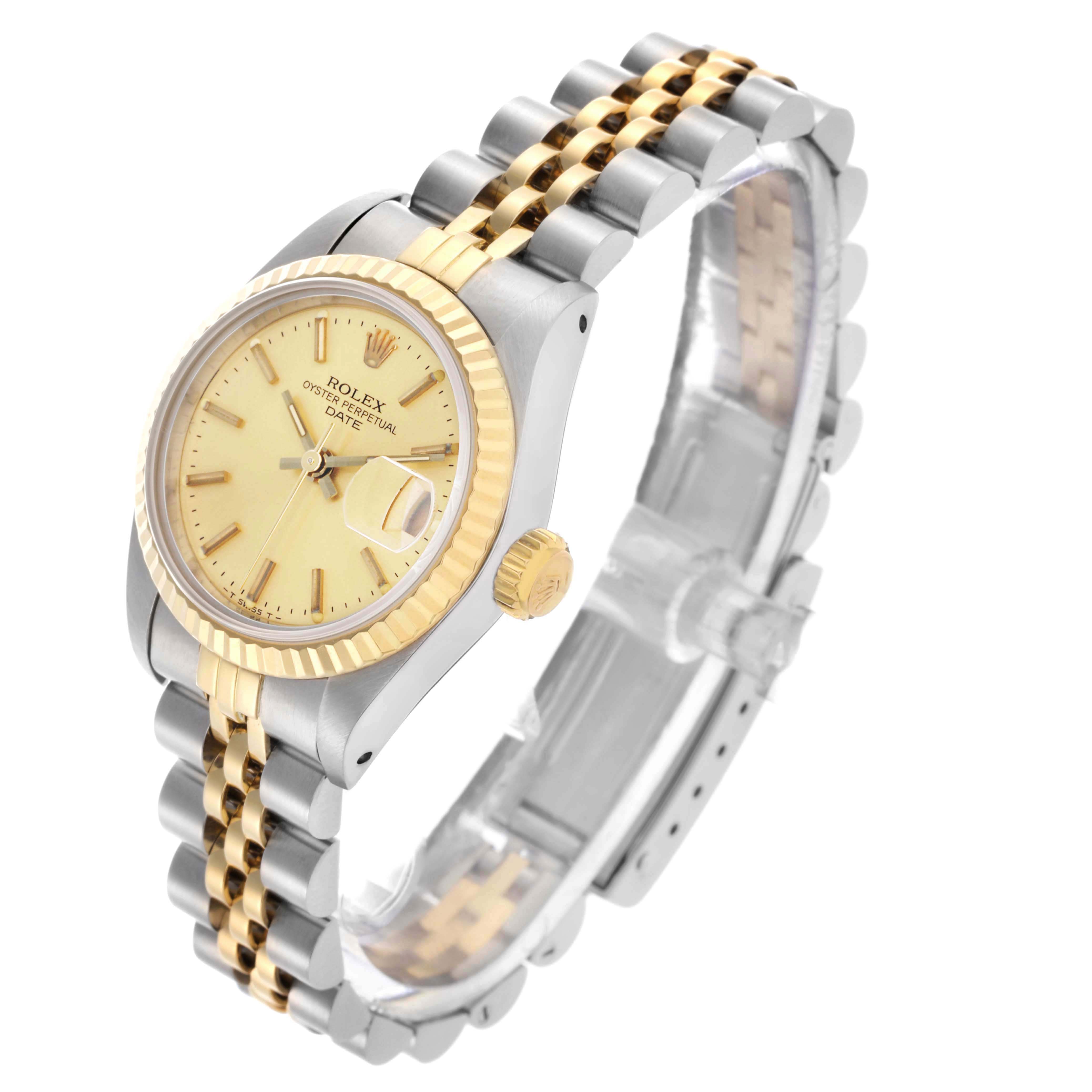 The Rolex Datejust 69173 Women's Steel and Gold (two tone) Champagne Dial 69173 Women's Steel and Gold (two tone) Champagne Dial watch is shown at an angled view, highlighting the bezel, dial, and two-tone bracelet.