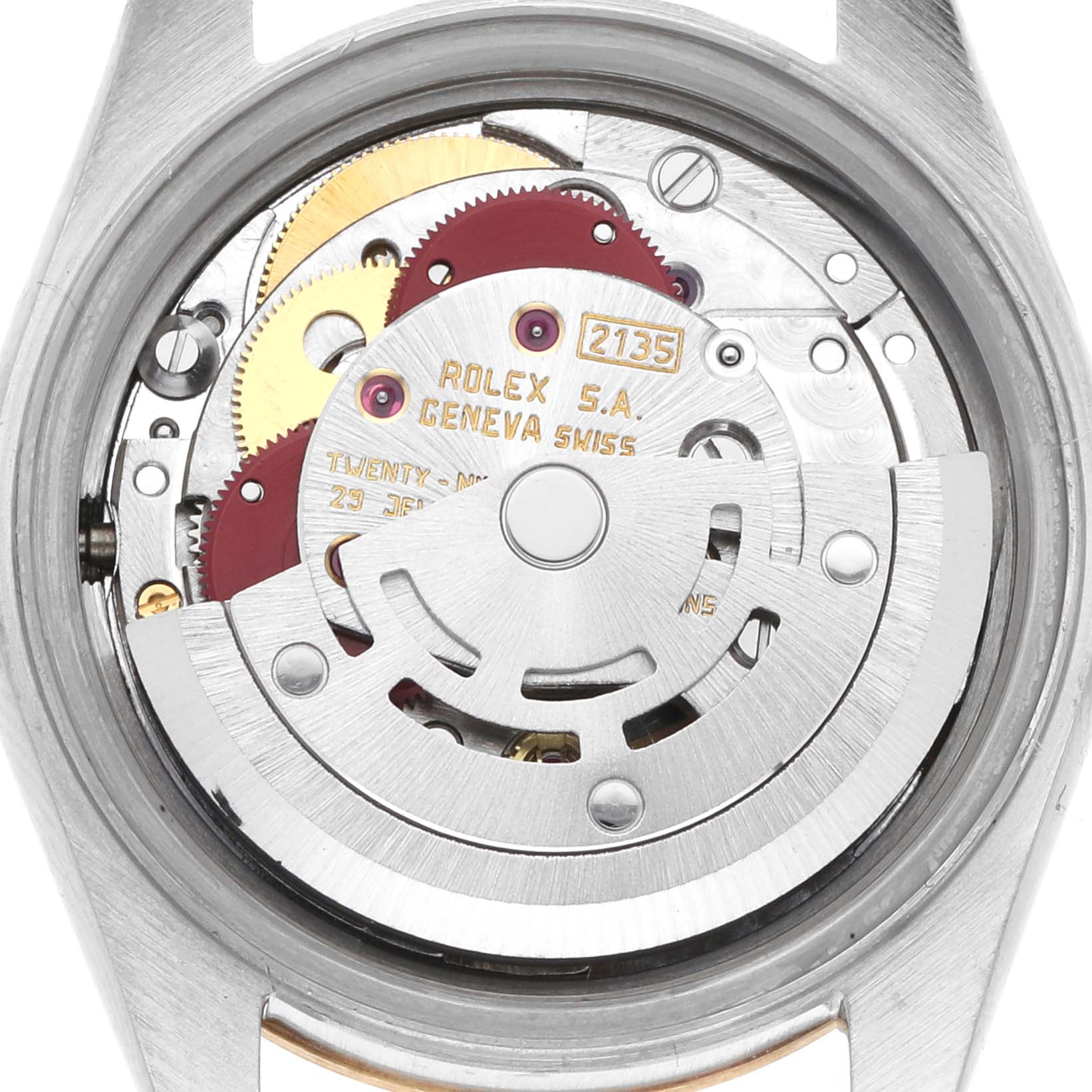 The image shows the back view of a Rolex Datejust 69173 Women's Steel and Gold (two tone) Champagne Dial 69173 Women's Steel and Gold (two tone) Champagne Dial, highlighting its intricate movement mechanics.