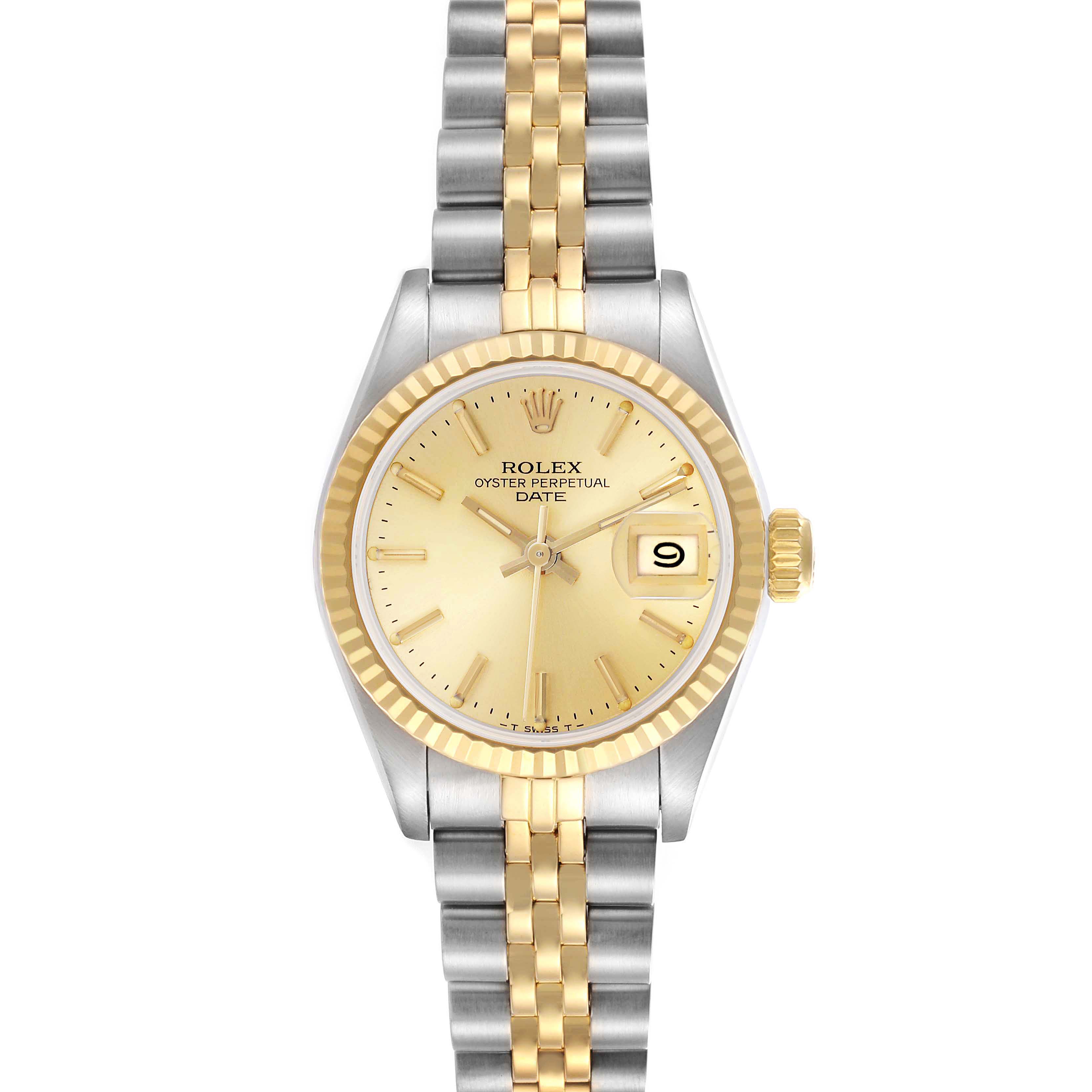 The Rolex Datejust 69173 Women's Steel and Gold (two tone) Champagne Dial 69173 Women's Steel and Gold (two tone) Champagne Dial watch is shown from a frontal angle, displaying its gold and silver bracelet, fluted bezel, and date window.
