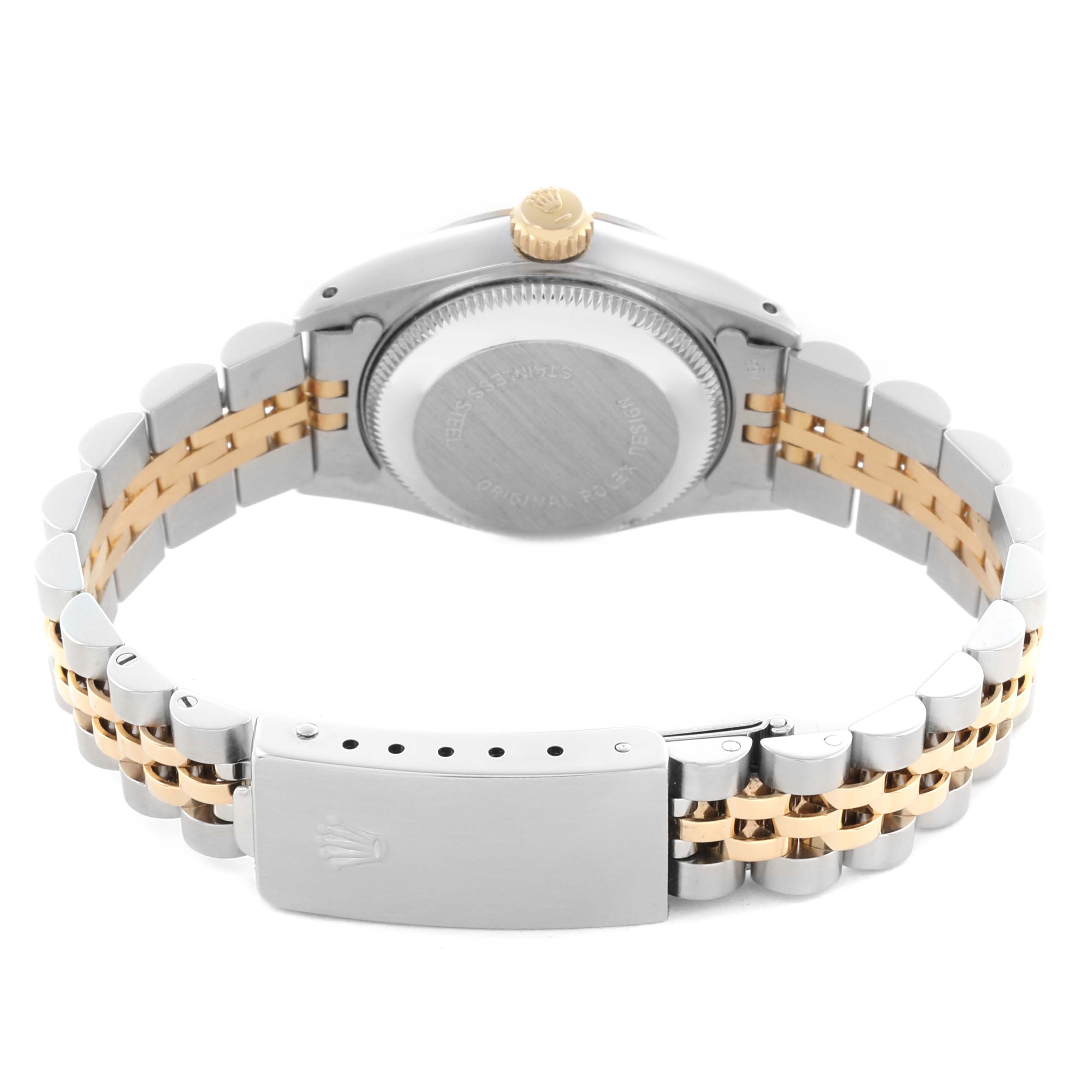 The image shows the back view of a Rolex Datejust 69173 Women's Steel and Gold (two tone) Champagne Dial 69173 Women's Steel and Gold (two tone) Champagne Dial, highlighting the clasp, crown, case back, and two-tone bracelet.
