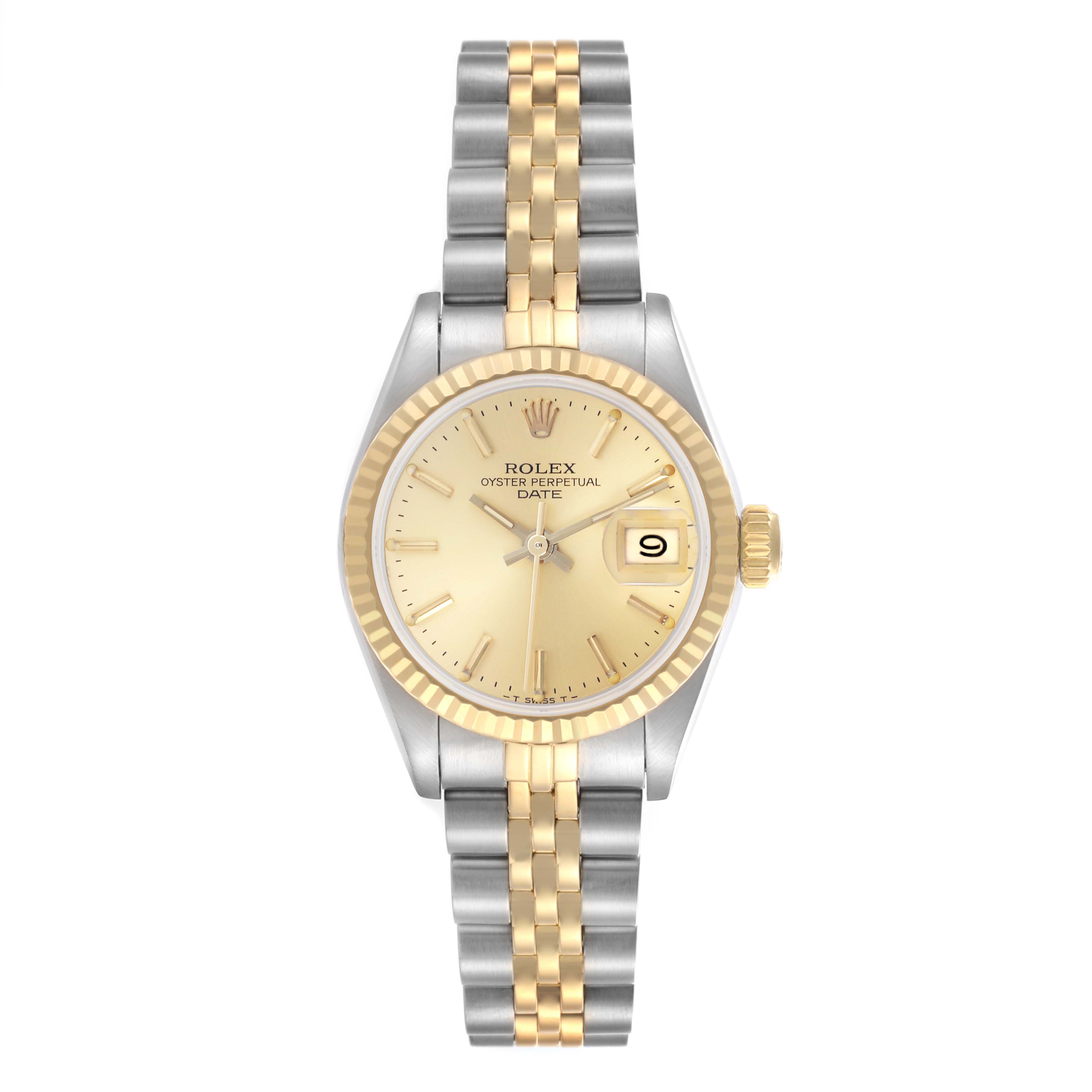 The Rolex Datejust 69173 Women's Steel and Gold (two tone) Champagne Dial 69173 Women's Steel and Gold (two tone) Champagne Dial watch is shown from a front view, displaying its face, fluted bezel, and bicolor bracelet.