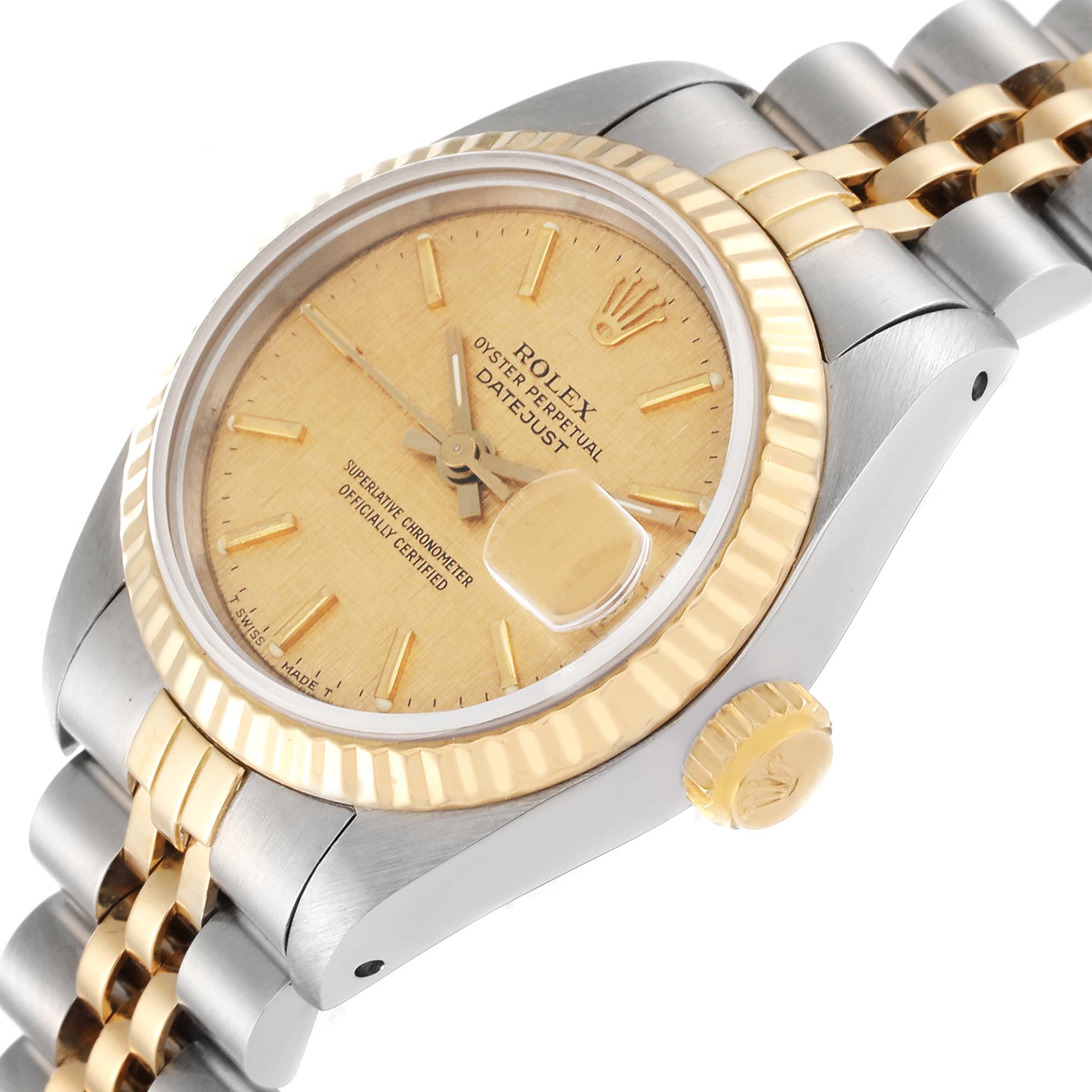 The image shows a Rolex Datejust 69173 Women's Steel and Gold (two tone) Champagne Dial 69173 Women's Steel and Gold (two tone) Champagne Dial watch from a slightly angled top view, highlighting its dial, bezel, crown, and bracelet.