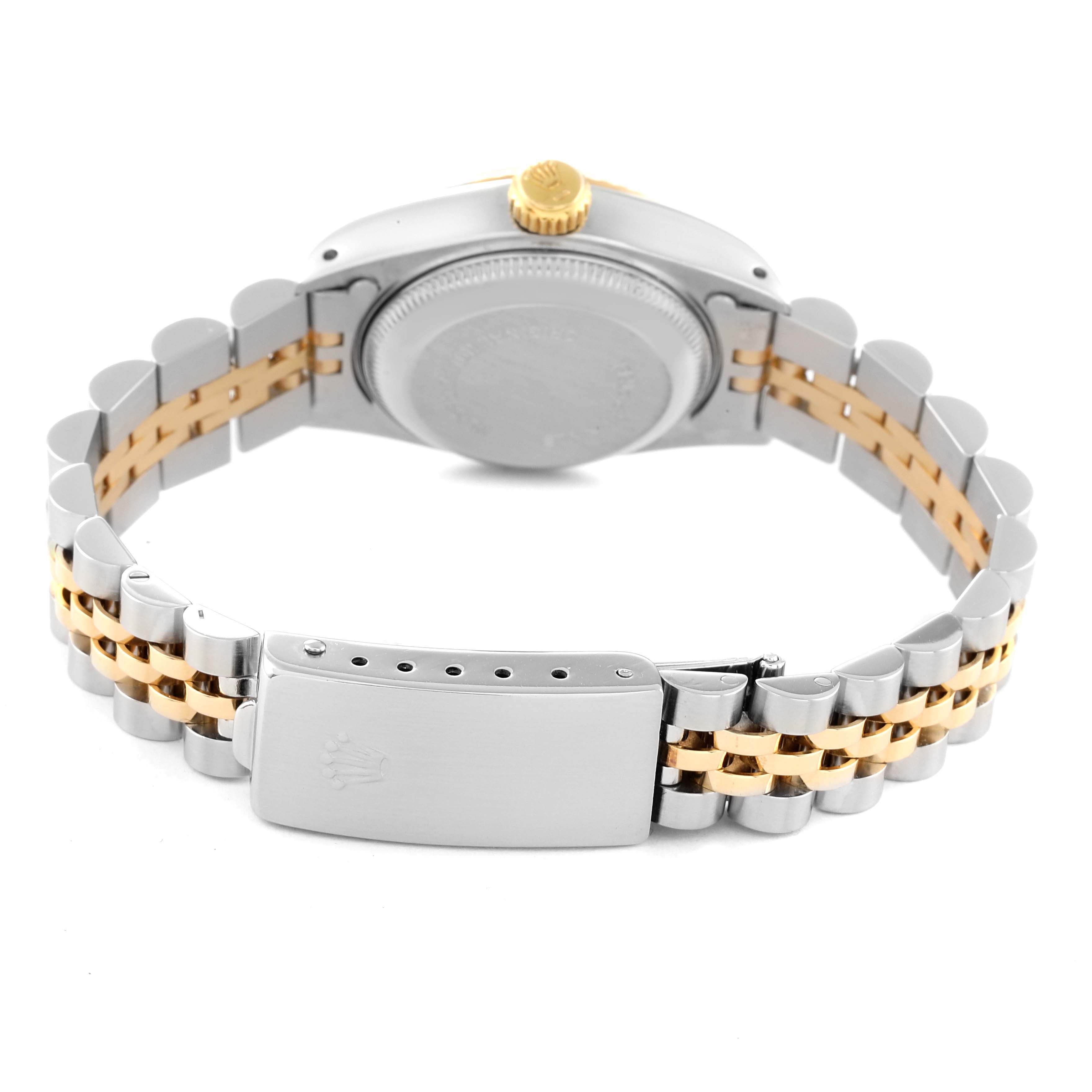 This image shows the back view of a Rolex Datejust 69173 Women's Steel and Gold (two tone) Champagne Dial 69173 Women's Steel and Gold (two tone) Champagne Dial watch, focusing on the case back, crown, and two-tone bracelet with clasp.