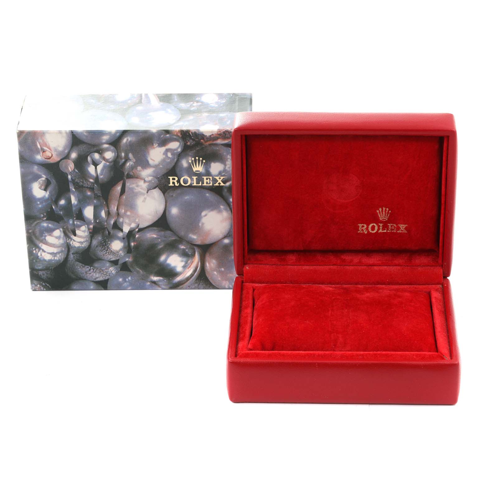 The image shows a Rolex Datejust 69173 Women's Steel and Gold (two tone) Champagne Dial 69173 Women's Steel and Gold (two tone) Champagne Dial watch box and branded packaging, both at a front angle.