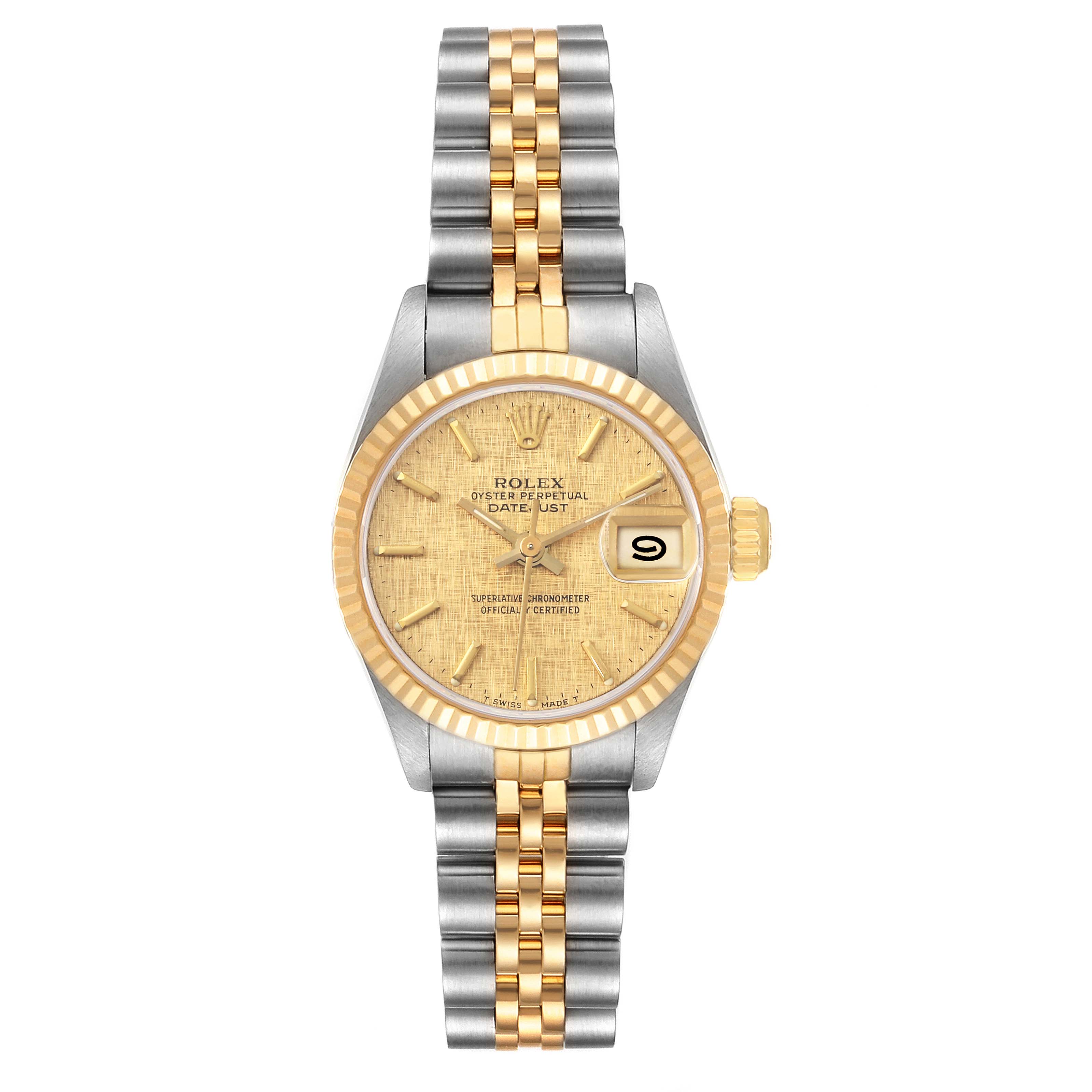 The Rolex Datejust 69173 Women's Steel and Gold (two tone) Champagne Dial 69173 Women's Steel and Gold (two tone) Champagne Dial watch is shown from the front, highlighting the face, bezel, and bicolor bracelet.