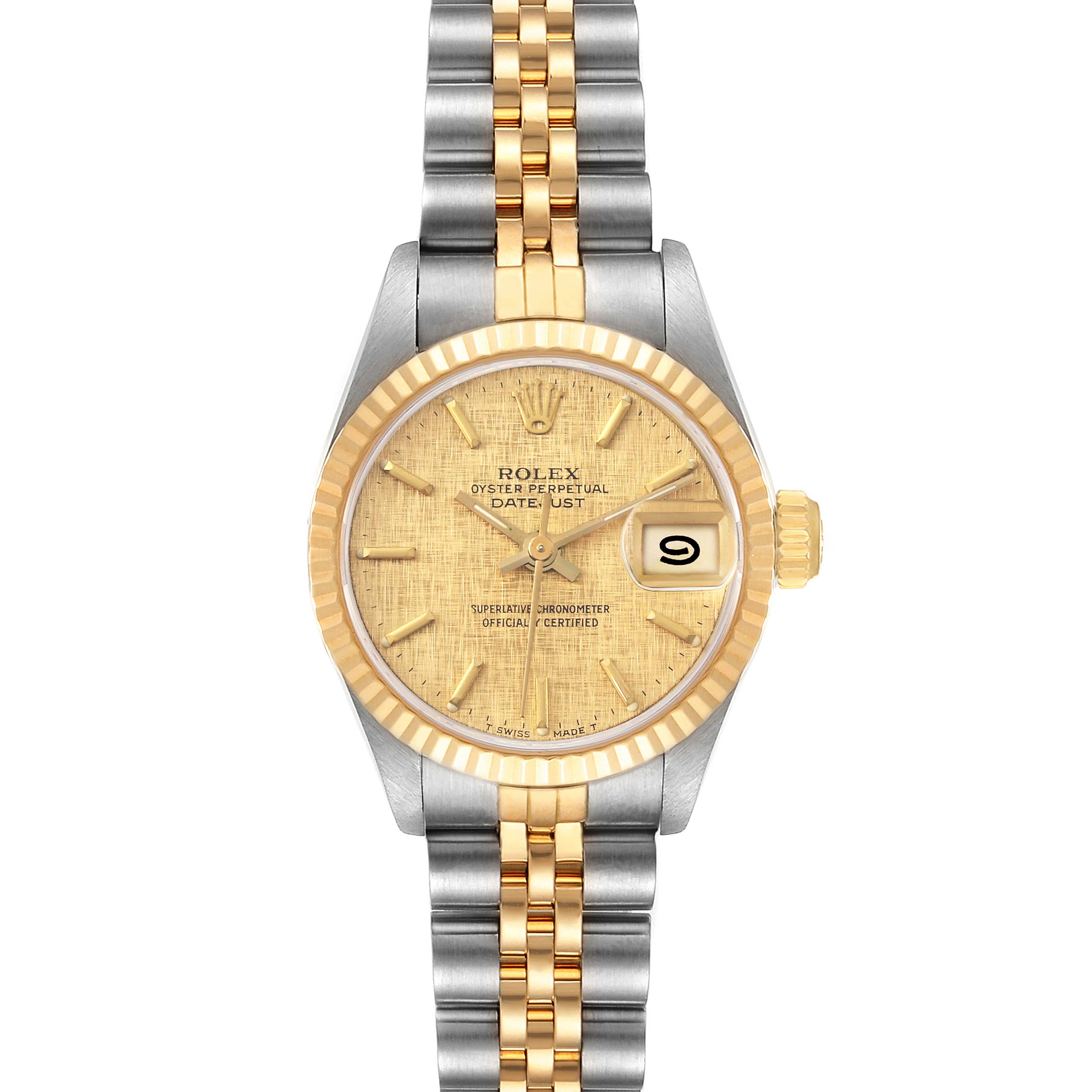 This image shows a frontal view of a Rolex Datejust 69173 Women's Steel and Gold (two tone) Champagne Dial 69173 Women's Steel and Gold (two tone) Champagne Dial watch, highlighting the dial, bezel, and jubilee bracelet.