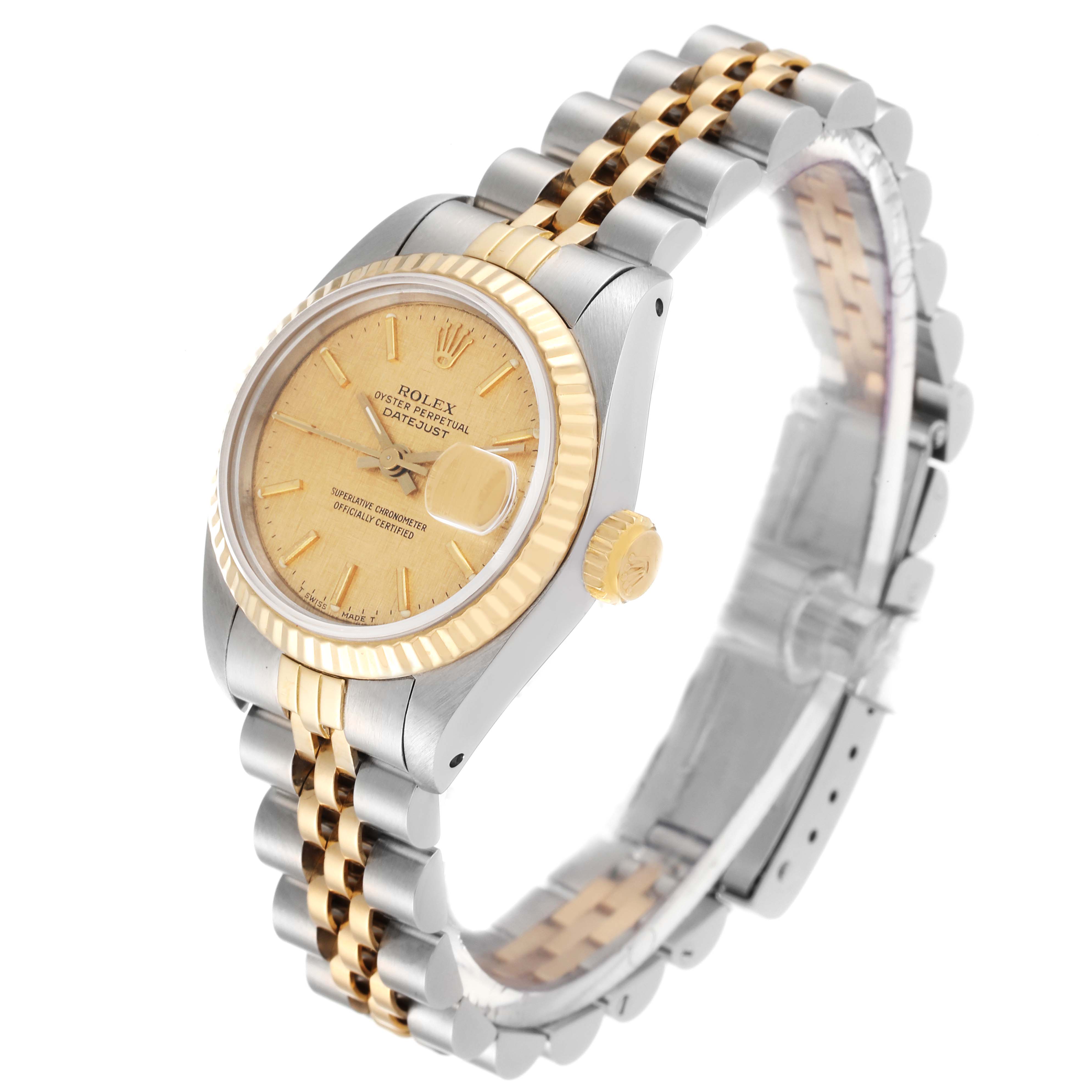 The Rolex Datejust 69173 Women's Steel and Gold (two tone) Champagne Dial 69173 Women's Steel and Gold (two tone) Champagne Dial watch is shown at a three-quarter angle, displaying the dial, bezel, crown, and two-tone Jubilee bracelet.