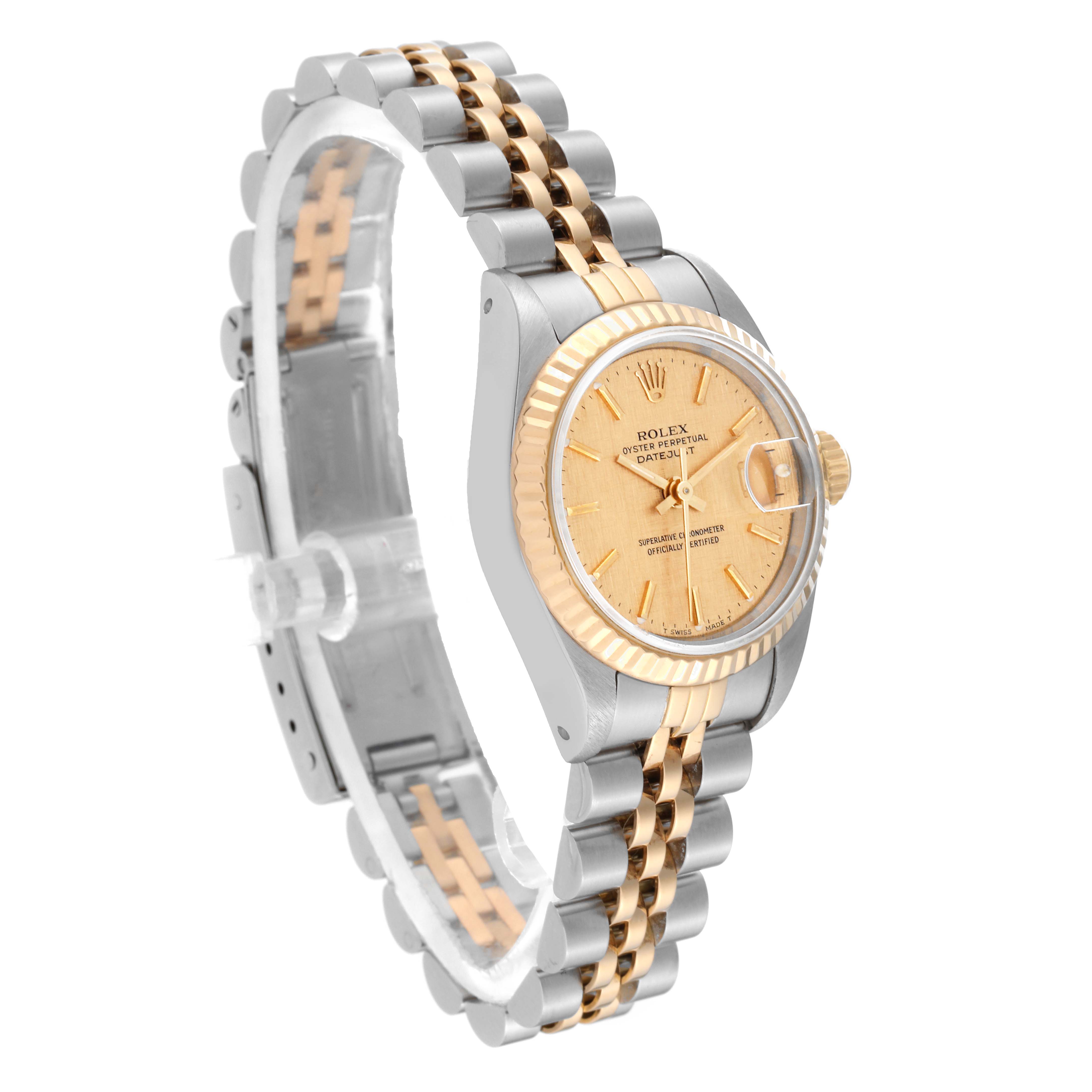 The image shows a Rolex Datejust 69173 Women's Steel and Gold (two tone) Champagne Dial 69173 Women's Steel and Gold (two tone) Champagne Dial watch at a three-quarter angle, highlighting its gold and silver bracelet and bezel.