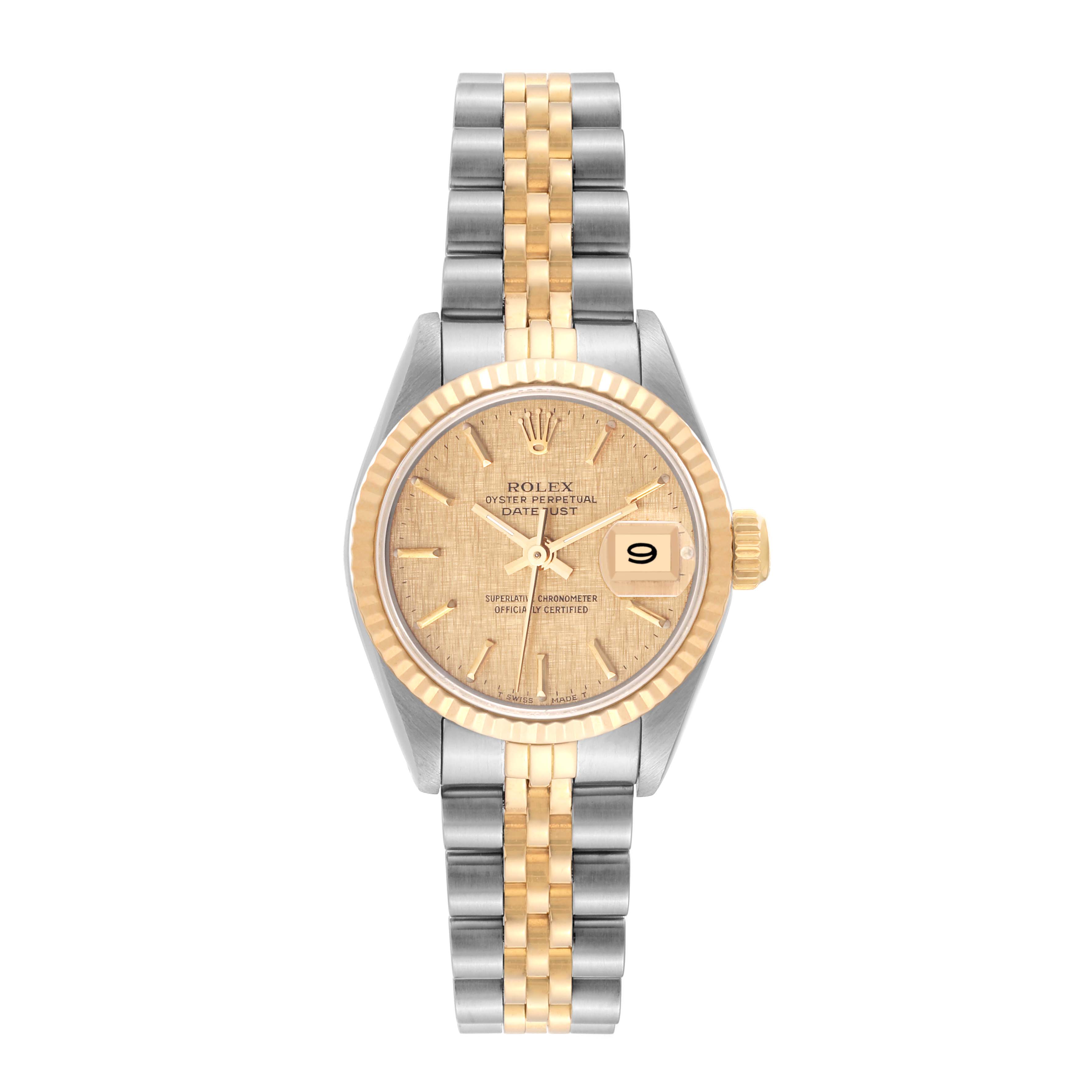 This image shows a frontal view of a Rolex Datejust 69173 Women's Steel and Gold (two tone) Champagne Dial 69173 Women's Steel and Gold (two tone) Champagne Dial watch, featuring its face, bezel, and two-tone bracelet.