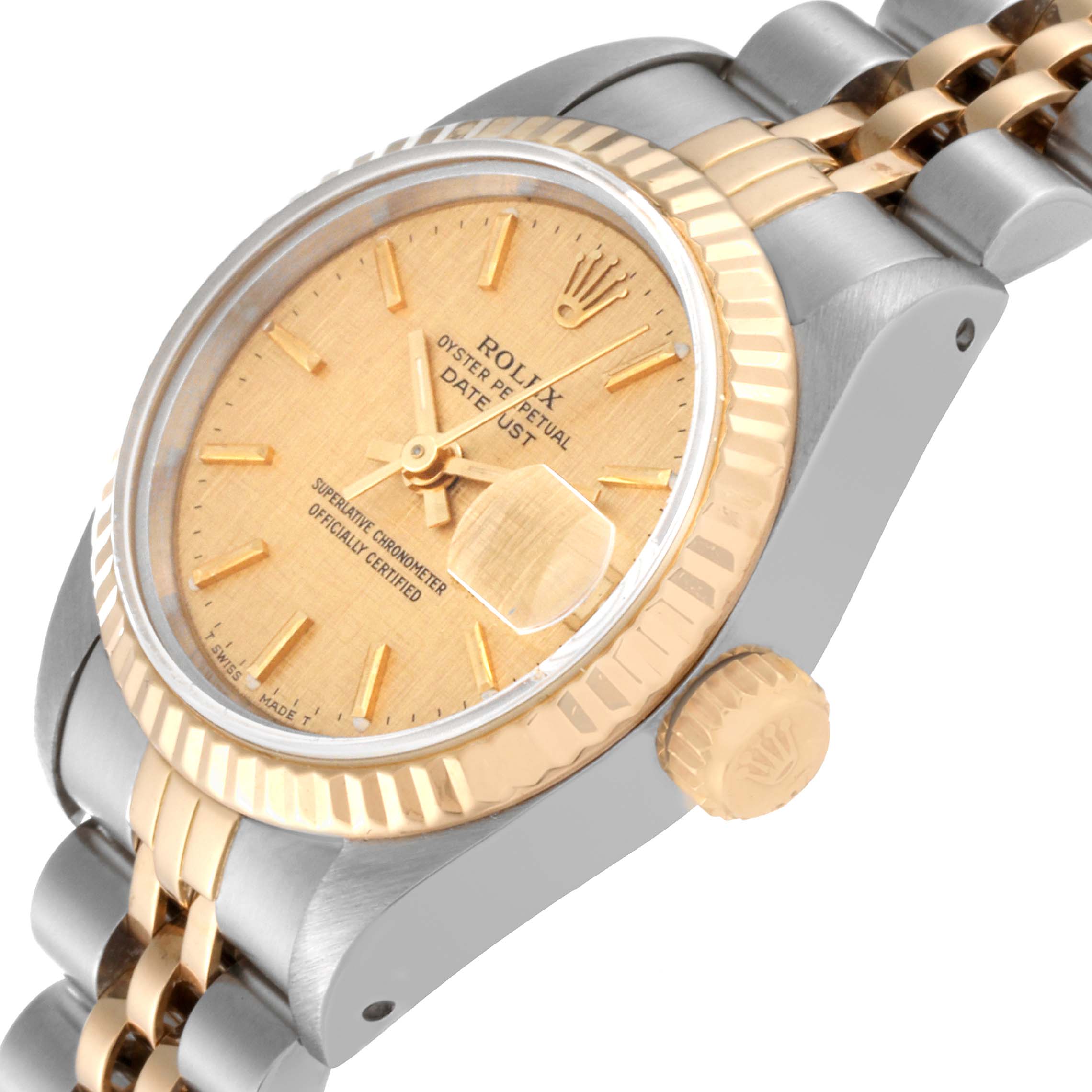 The image shows a close-up angled view of a Rolex Datejust 69173 Women's Steel and Gold (two tone) Champagne Dial 69173 Women's Steel and Gold (two tone) Champagne Dial watch, highlighting the dial, crown, and part of the bracelet.