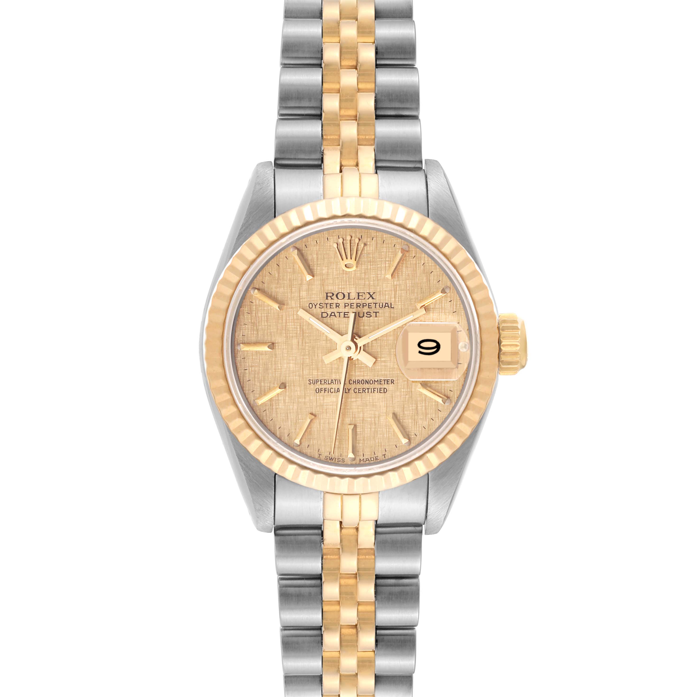 The image shows the frontal view of a Rolex Datejust 69173 Women's Steel and Gold (two tone) Champagne Dial 69173 Women's Steel and Gold (two tone) Champagne Dial watch, highlighting the dial, bezel, and bracelet.