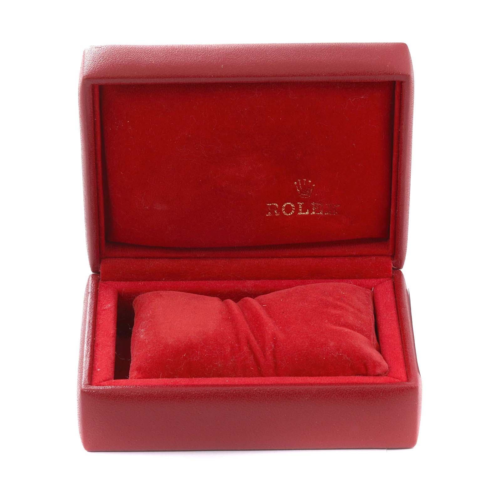 This image shows an open, red Rolex watch box for a Datejust model, with a matching red cushion inside.