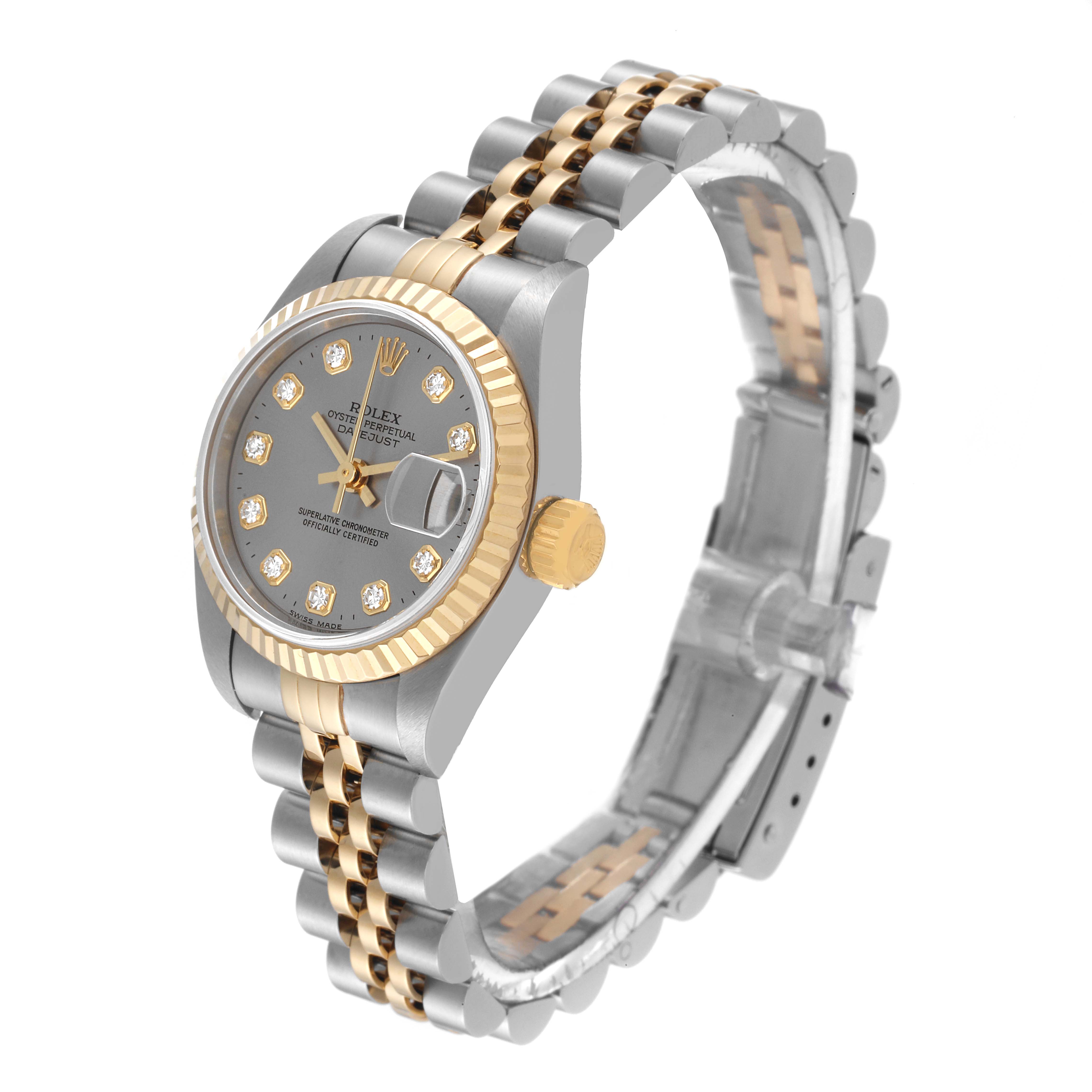The Rolex Datejust 79173 Women's Steel and Gold (two tone) Grey Dial 79173 Women's Steel and Gold (two tone) Grey Dial watch is shown at a 3/4 angle, displaying the dial, bezel, case, crown, and bracelet.