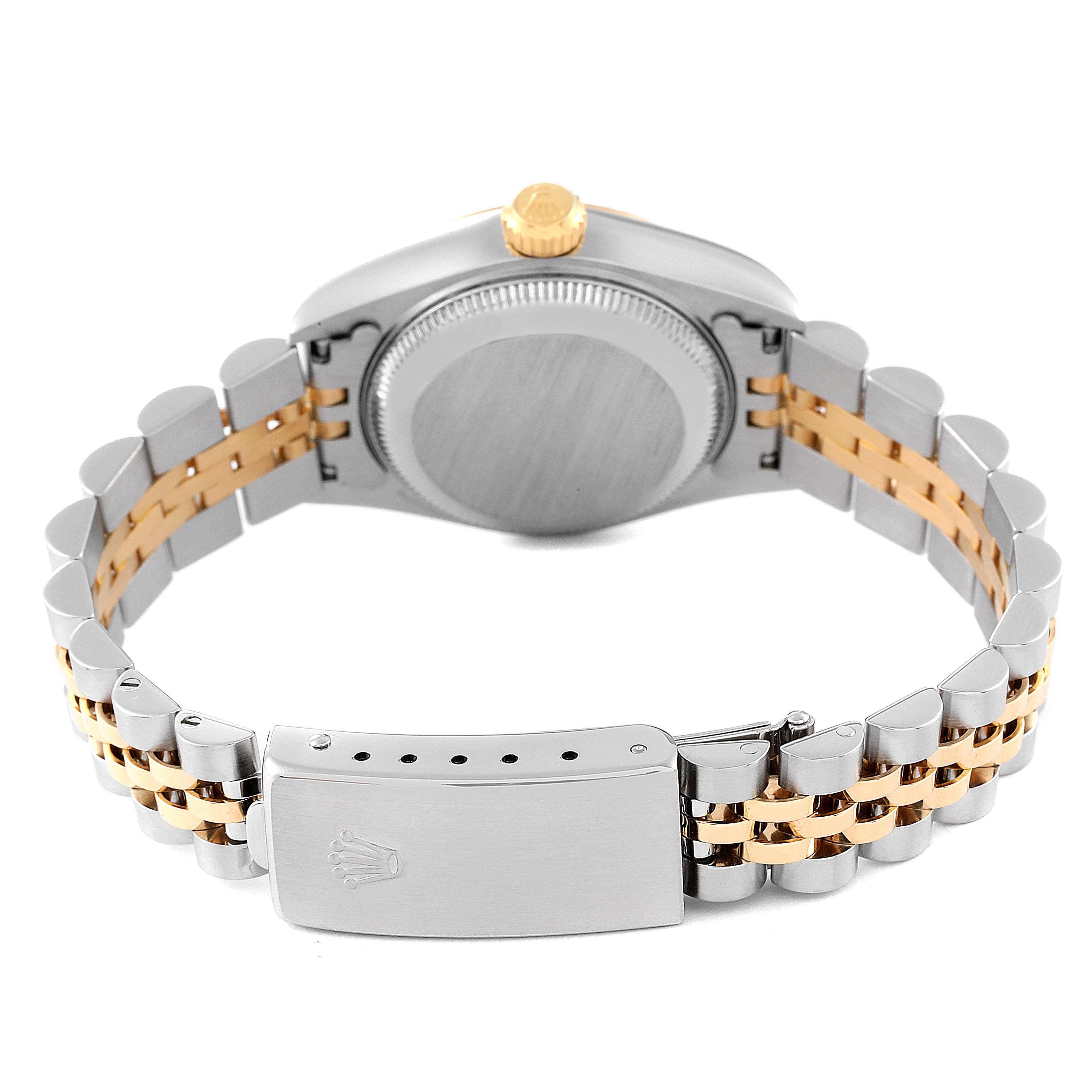 This image shows the case back and bracelet clasp of a Rolex Datejust 79173 Women's Steel and Gold (two tone) Grey Dial 79173 Women's Steel and Gold (two tone) Grey Dial watch from a rear angle.