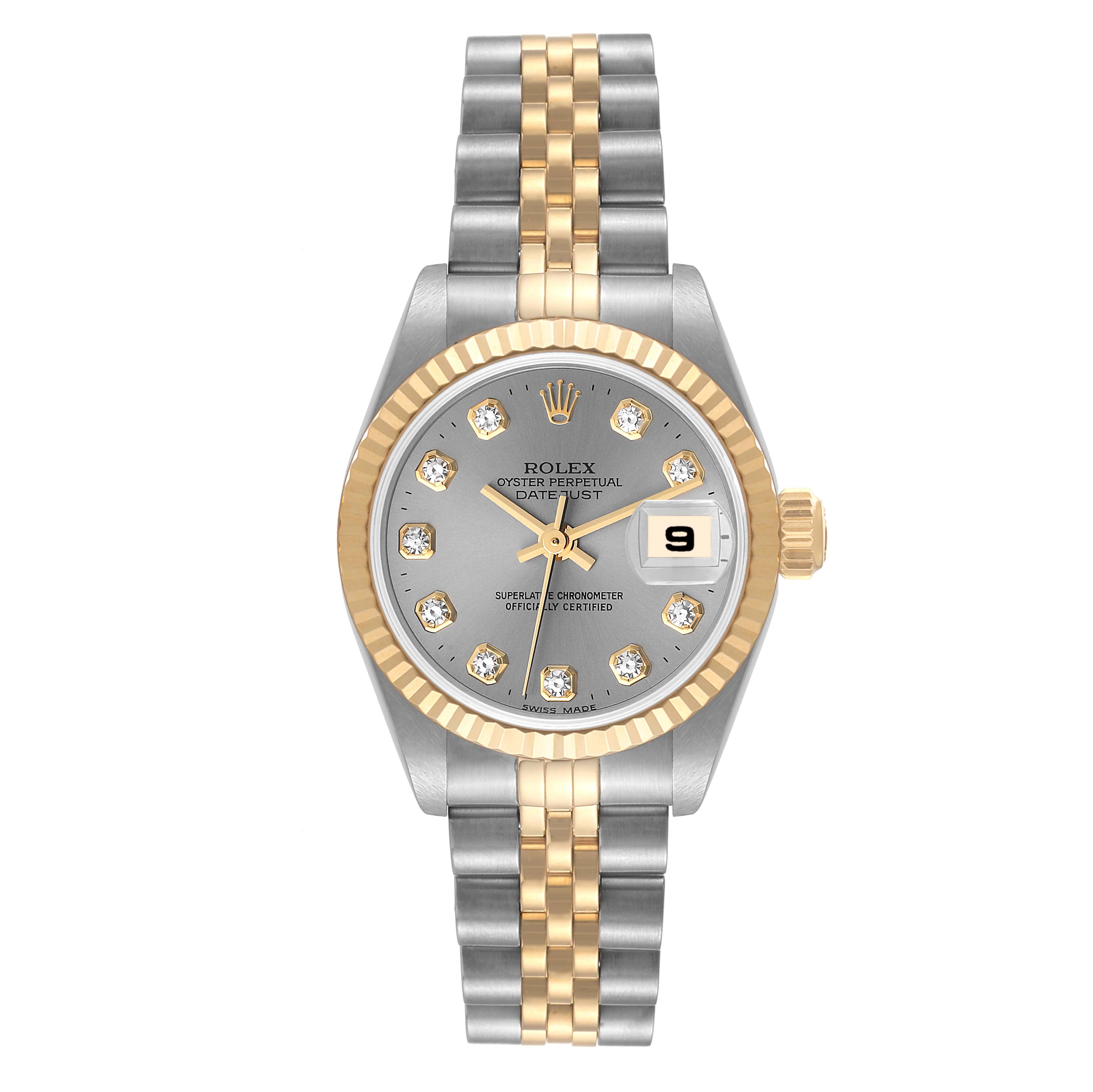 The image displays a frontal view of a Rolex Datejust 79173 Women's Steel and Gold (two tone) Grey Dial 79173 Women's Steel and Gold (two tone) Grey Dial watch, showcasing the two-tone bracelet, fluted bezel, and date window.