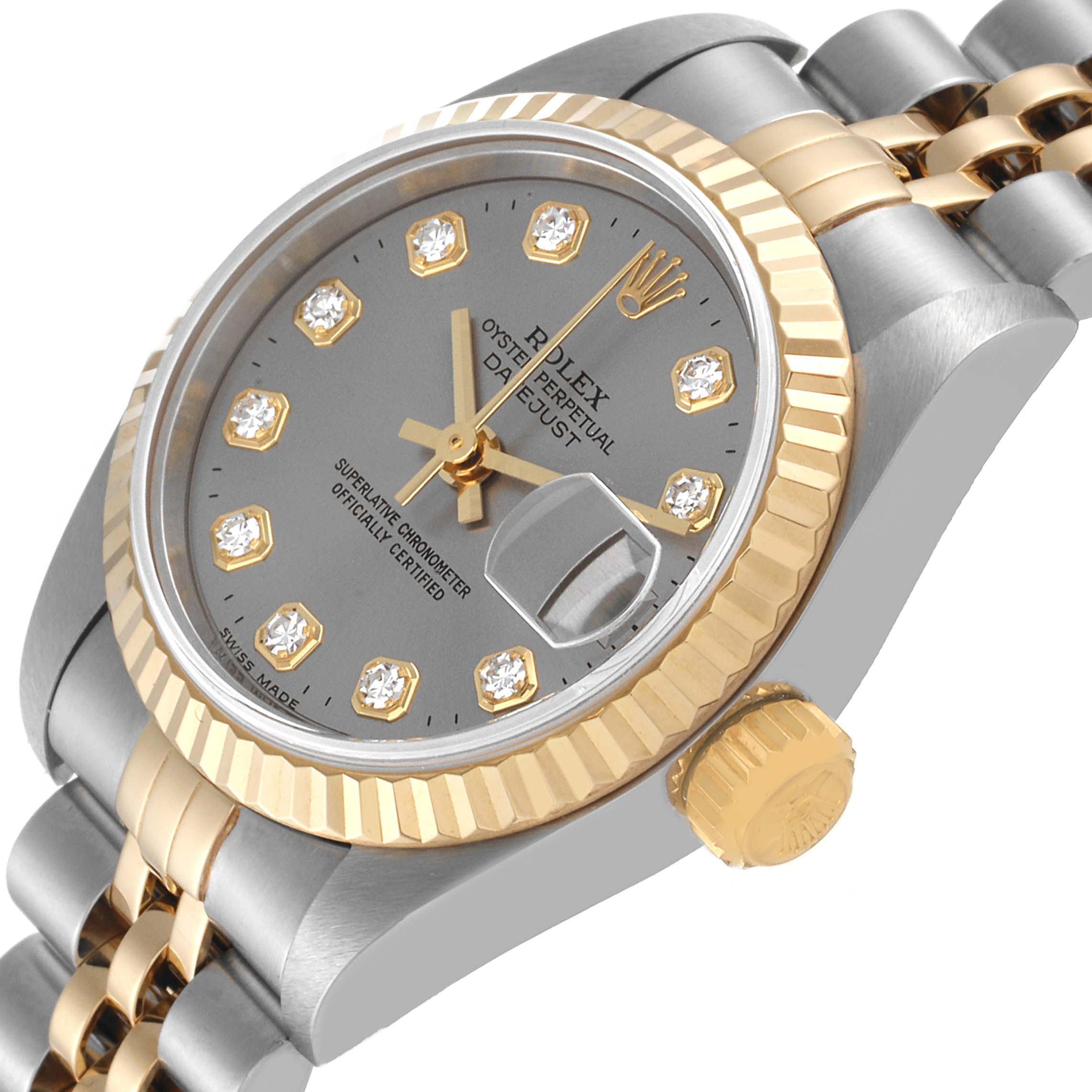 The image shows a Rolex Datejust 79173 Women's Steel and Gold (two tone) Grey Dial 79173 Women's Steel and Gold (two tone) Grey Dial watch at an oblique angle, highlighting the face, fluted bezel, and part of the bracelet.