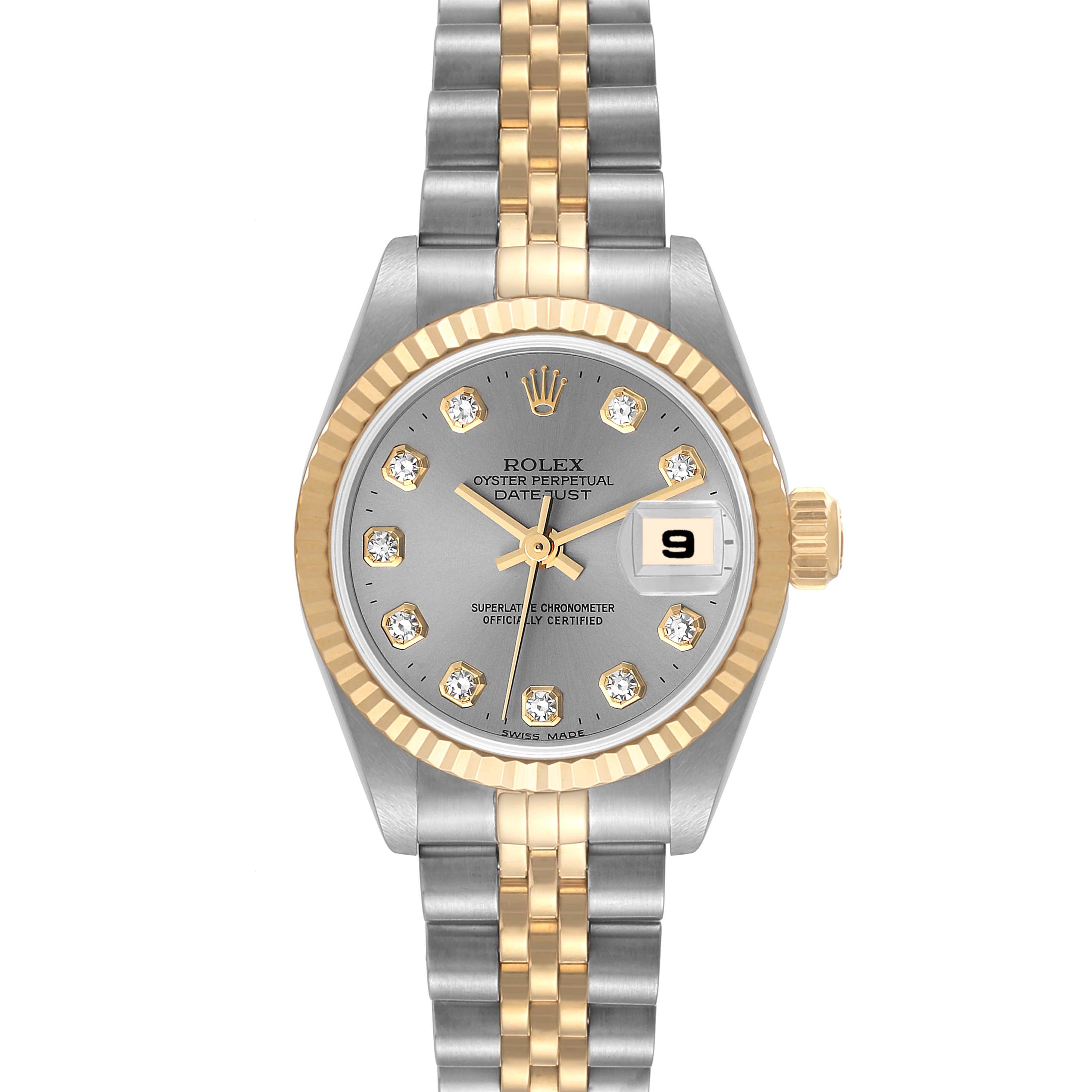The image shows a front view of the Rolex Datejust 79173 Women's Steel and Gold (two tone) Grey Dial 79173 Women's Steel and Gold (two tone) Grey Dial watch, featuring a two-tone bracelet and a date display window.