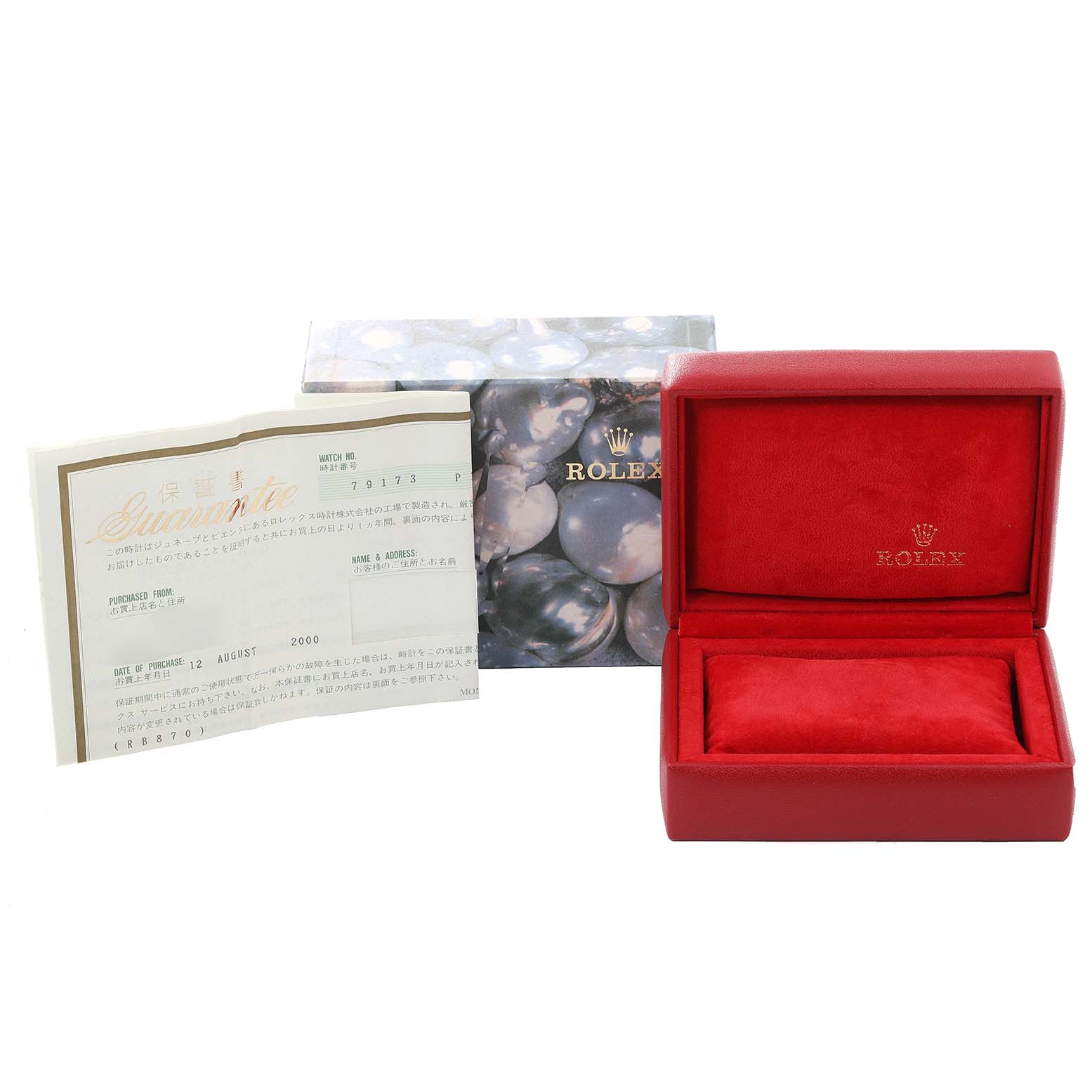 The image shows an empty red Rolex Datejust 79173 Women's Steel and Gold (two tone) Grey Dial 79173 Women's Steel and Gold (two tone) Grey Dial watch box, an outer box, and a warranty certificate.