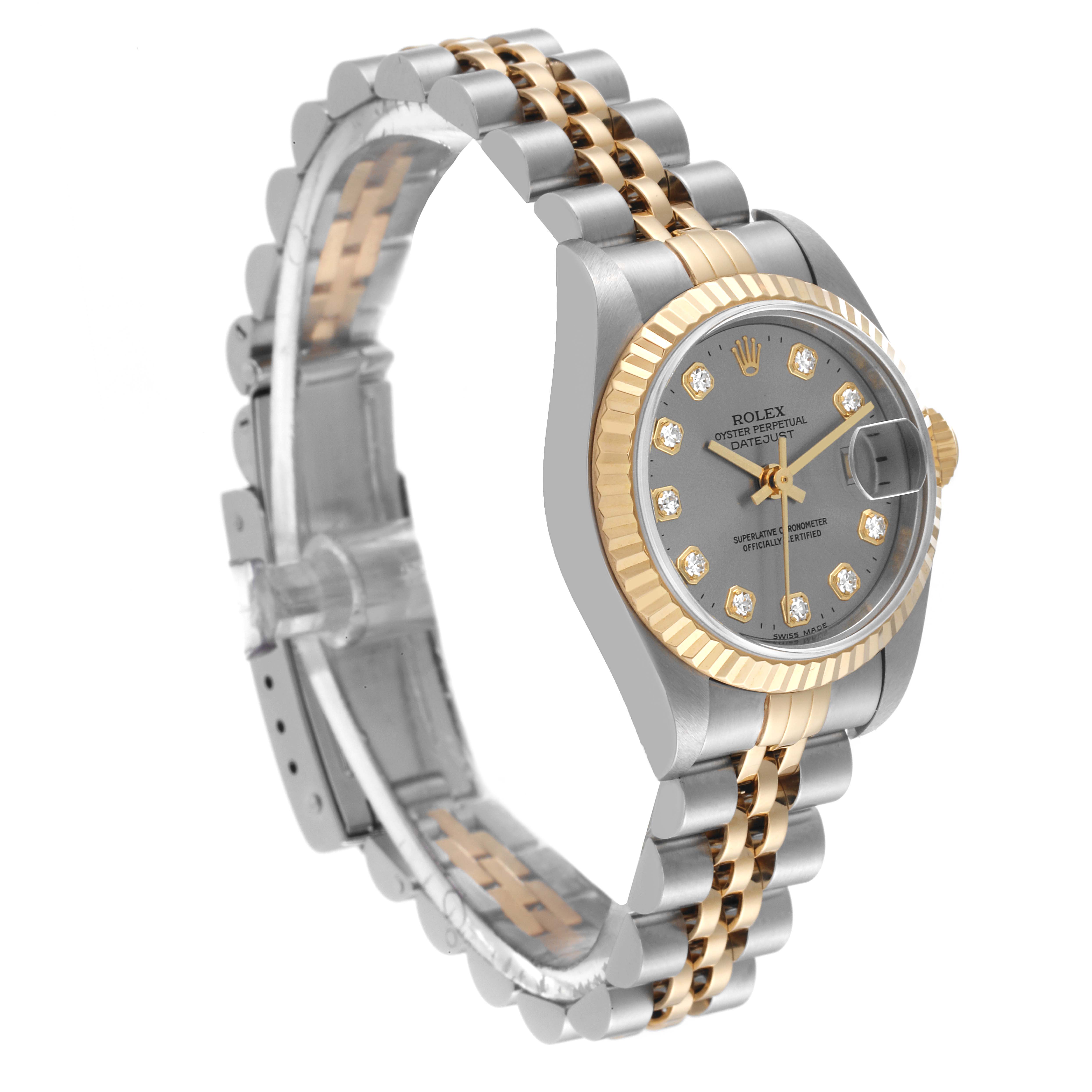 The image shows a side angle of a Rolex Datejust 79173 Women's Steel and Gold (two tone) Grey Dial 79173 Women's Steel and Gold (two tone) Grey Dial watch, highlighting its bracelet, case, and dial.