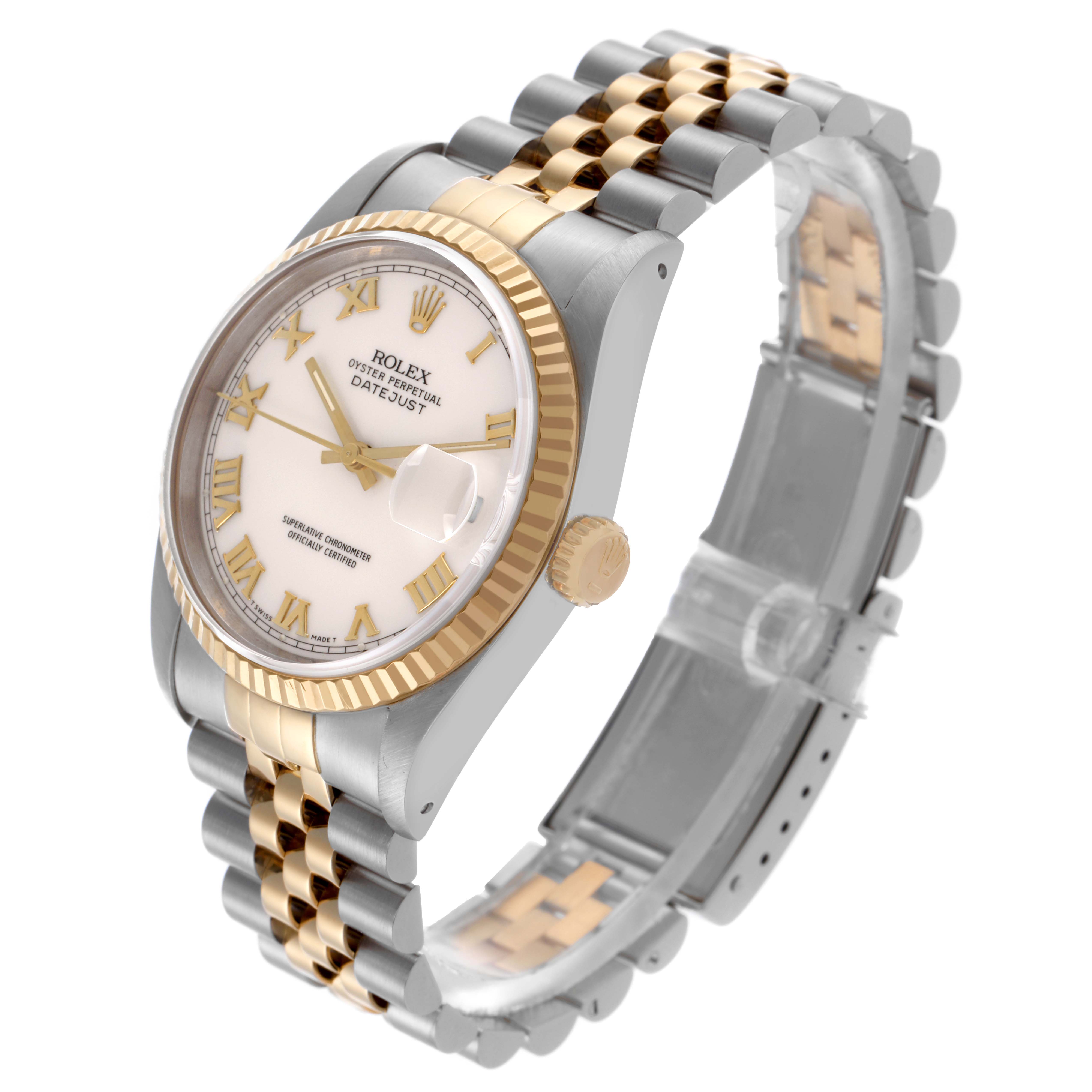 The Rolex Datejust 16233 Men's Steel and Gold (two tone) White Dial 16233 Men's Steel and Gold (two tone) White Dial watch is shown at an angle displaying the face, bezel, bracelet, and crown in a two-tone metal finish.