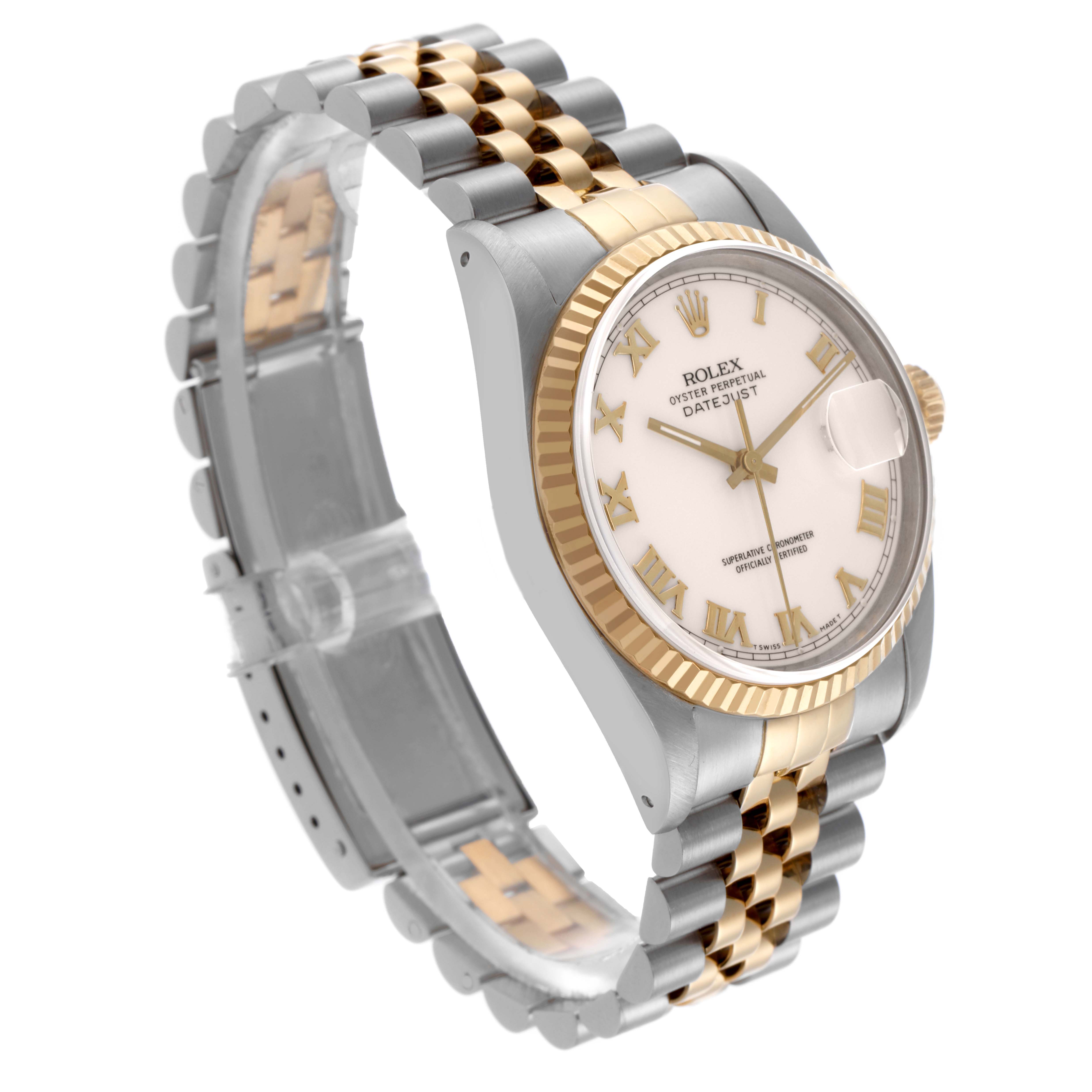 The Rolex Datejust 16233 Men's Steel and Gold (two tone) White Dial 16233 Men's Steel and Gold (two tone) White Dial watch is shown at an angle highlighting the bracelet, case, bezel, and dial.