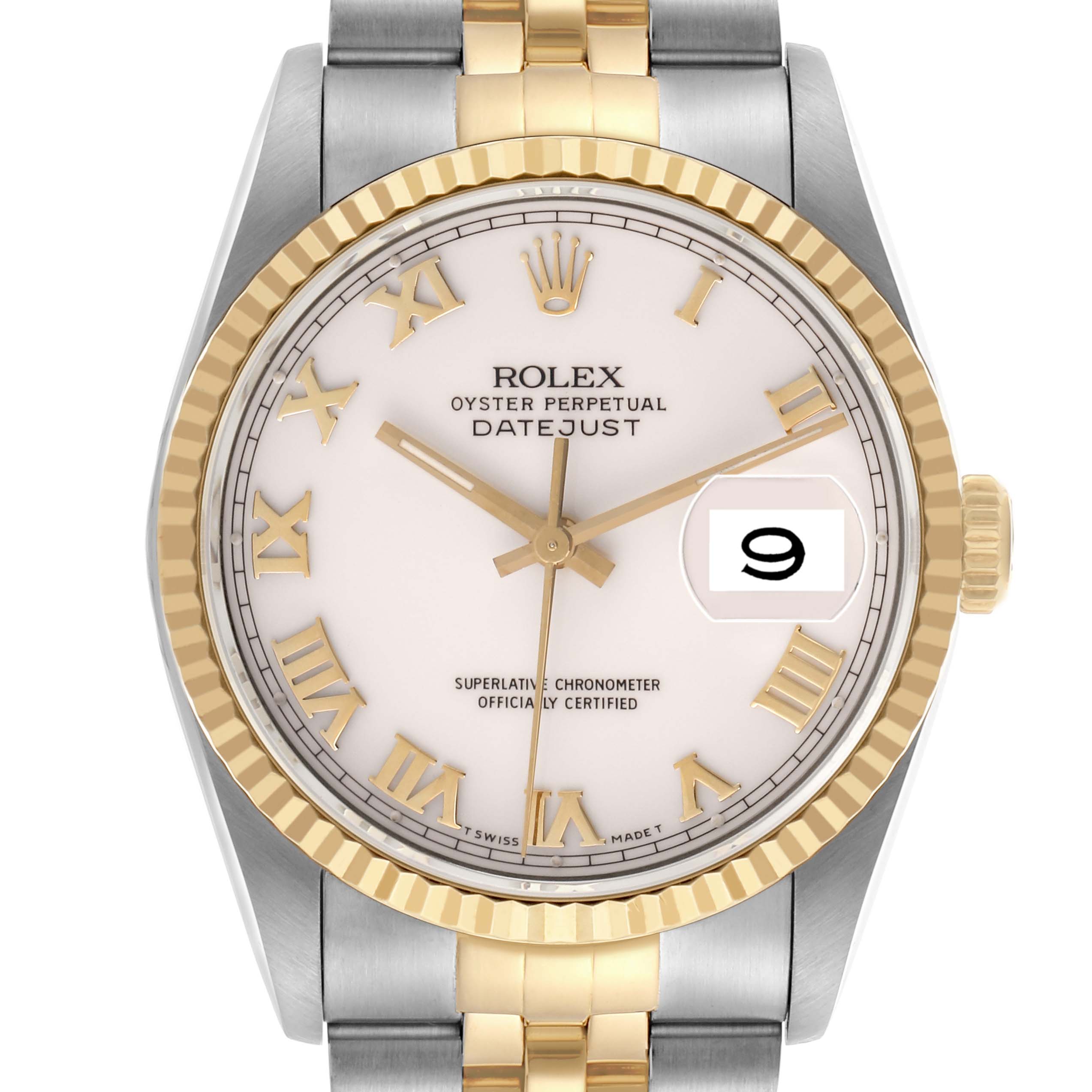 The Rolex Datejust 16233 Men's Steel and Gold (two tone) White Dial 16233 Men's Steel and Gold (two tone) White Dial watch is shown from a front angle, highlighting the dial, bezel, and part of the bracelet.
