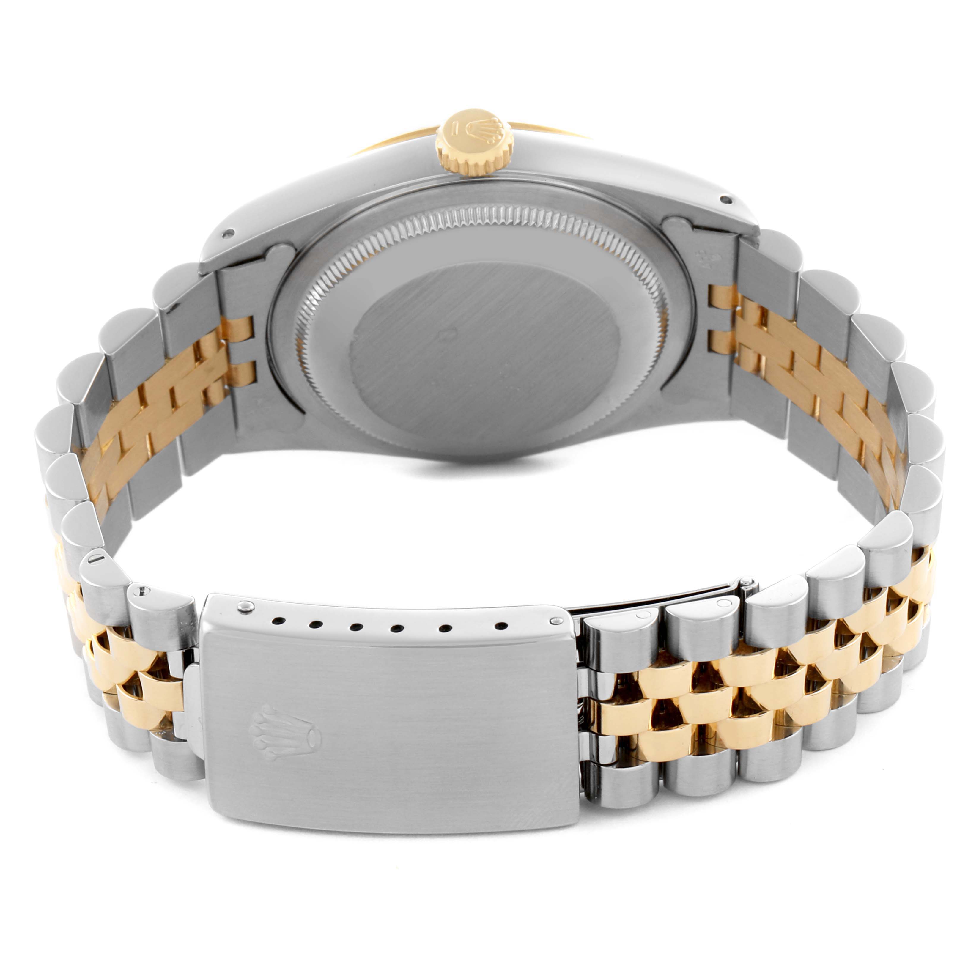 The image shows the back of a Rolex Datejust 16233 Men's Steel and Gold (two tone) White Dial 16233 Men's Steel and Gold (two tone) White Dial watch, highlighting the clasp, case back, and two-tone bracelet.