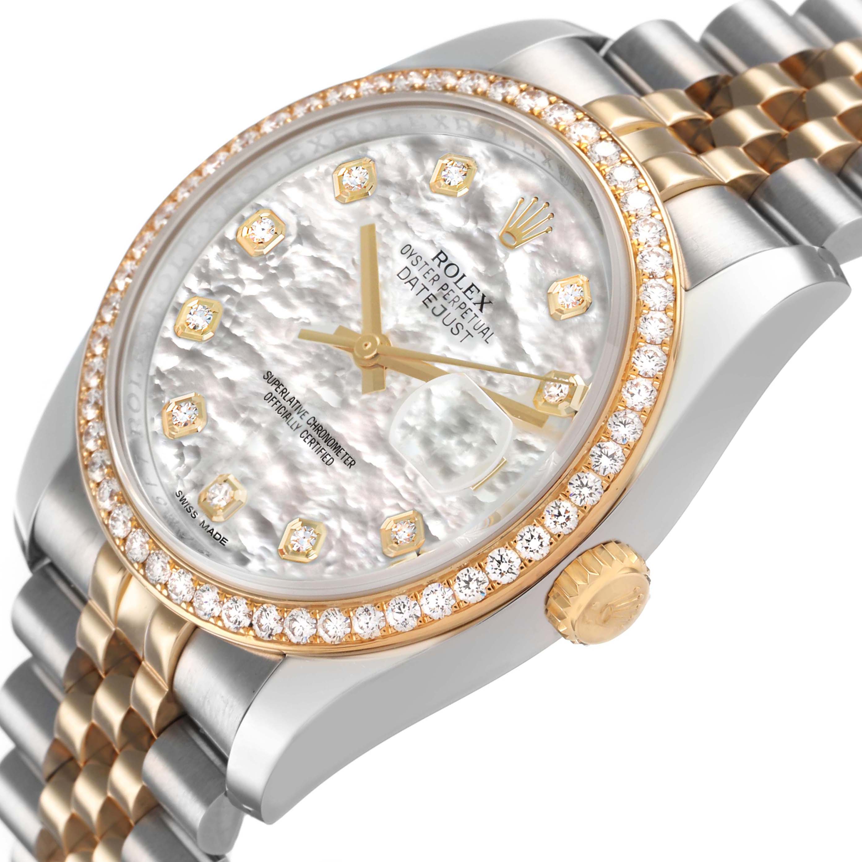 The Rolex Datejust 116243 Men's Steel and Gold (two tone) Mother of Pearl Dial watch is shown at an angle highlighting the face, diamond bezel, and two-tone bracelet.