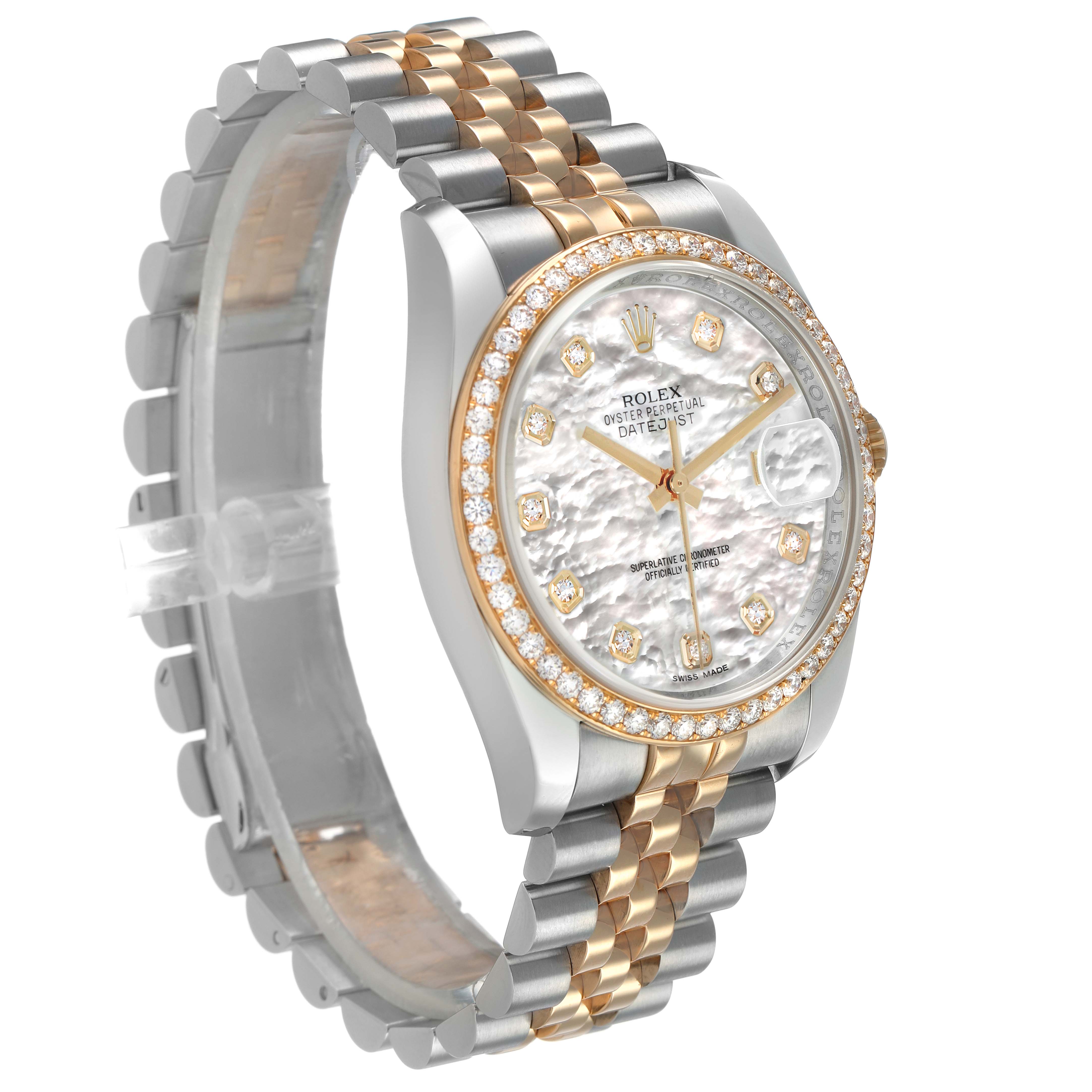 The Rolex Datejust 116243 Men's Steel and Gold (two tone) Mother of Pearl Dial is shown at a three-quarter angle, highlighting the mother-of-pearl dial, diamond bezel, and Jubilee bracelet.