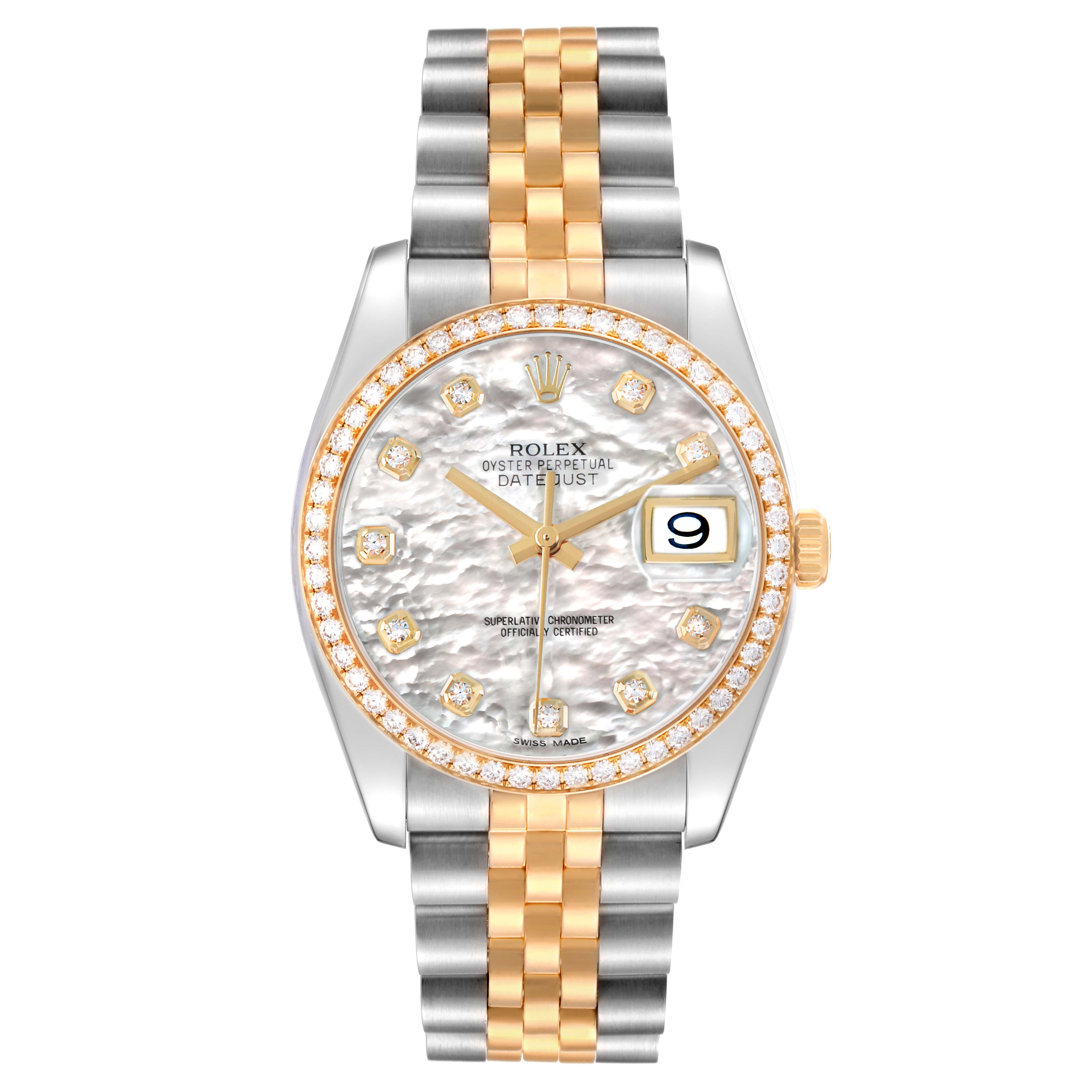 This Rolex Datejust 116243 Men's Steel and Gold (two tone) Mother of Pearl Dial watch is shown from the front, displaying its face, bezel, and two-tone bracelet.