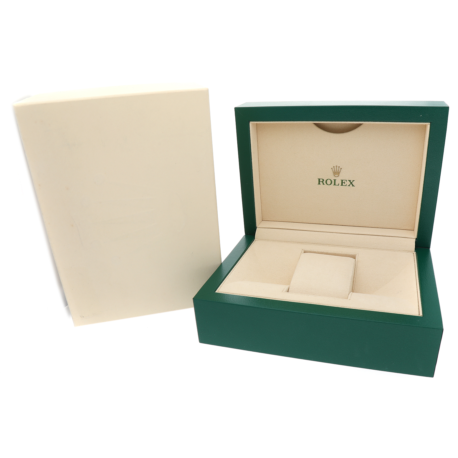 The image shows a Rolex Datejust 116243 Men's Steel and Gold (two tone) Mother of Pearl Dial box set, including an open green watch box with a beige interior and a separate outer box.