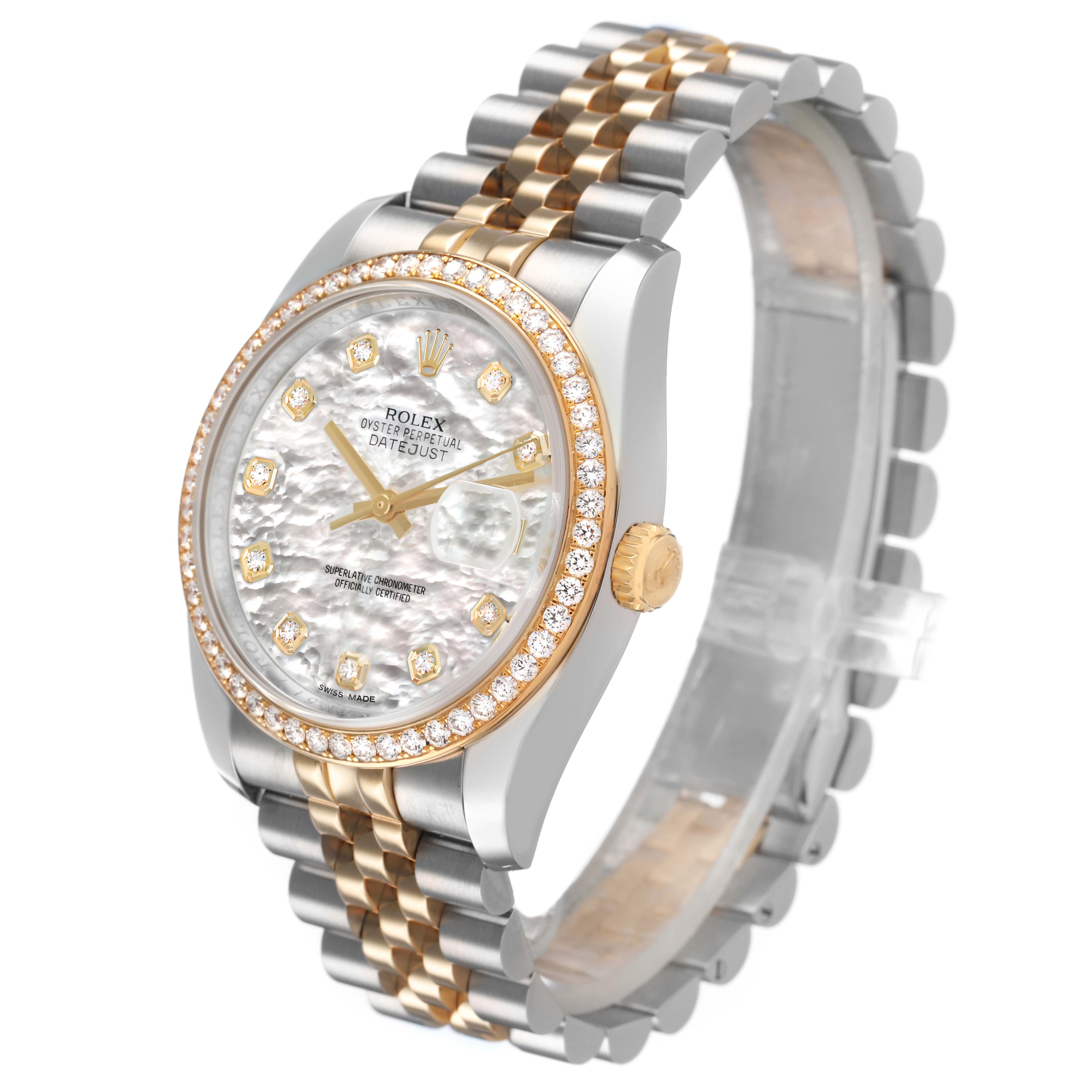 The Rolex Datejust 116243 Men's Steel and Gold (two tone) Mother of Pearl Dial watch is angled to show the face, bezel, crown, and bracelet, highlighting its detailed design.