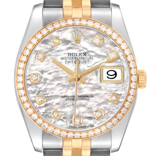 The Rolex Datejust 116243 Men's Steel and Gold (two tone) Mother of Pearl Dial watch is shown from the front, highlighting the bezel, face, hour markers, and bracelet.