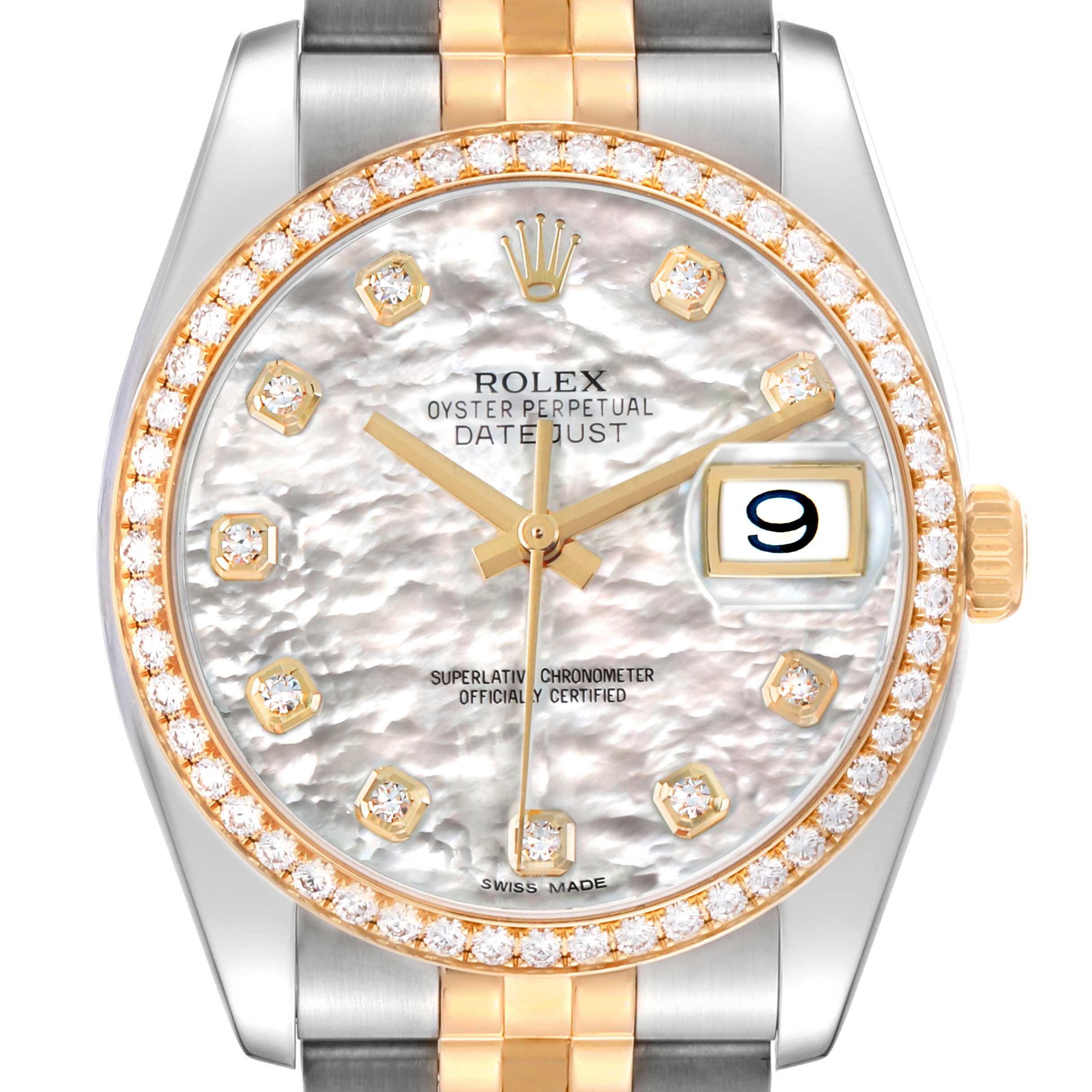 The Rolex Datejust 116243 Men's Steel and Gold (two tone) Mother of Pearl Dial is shown from the front, highlighting the dial, diamond bezel, and part of the bracelet.