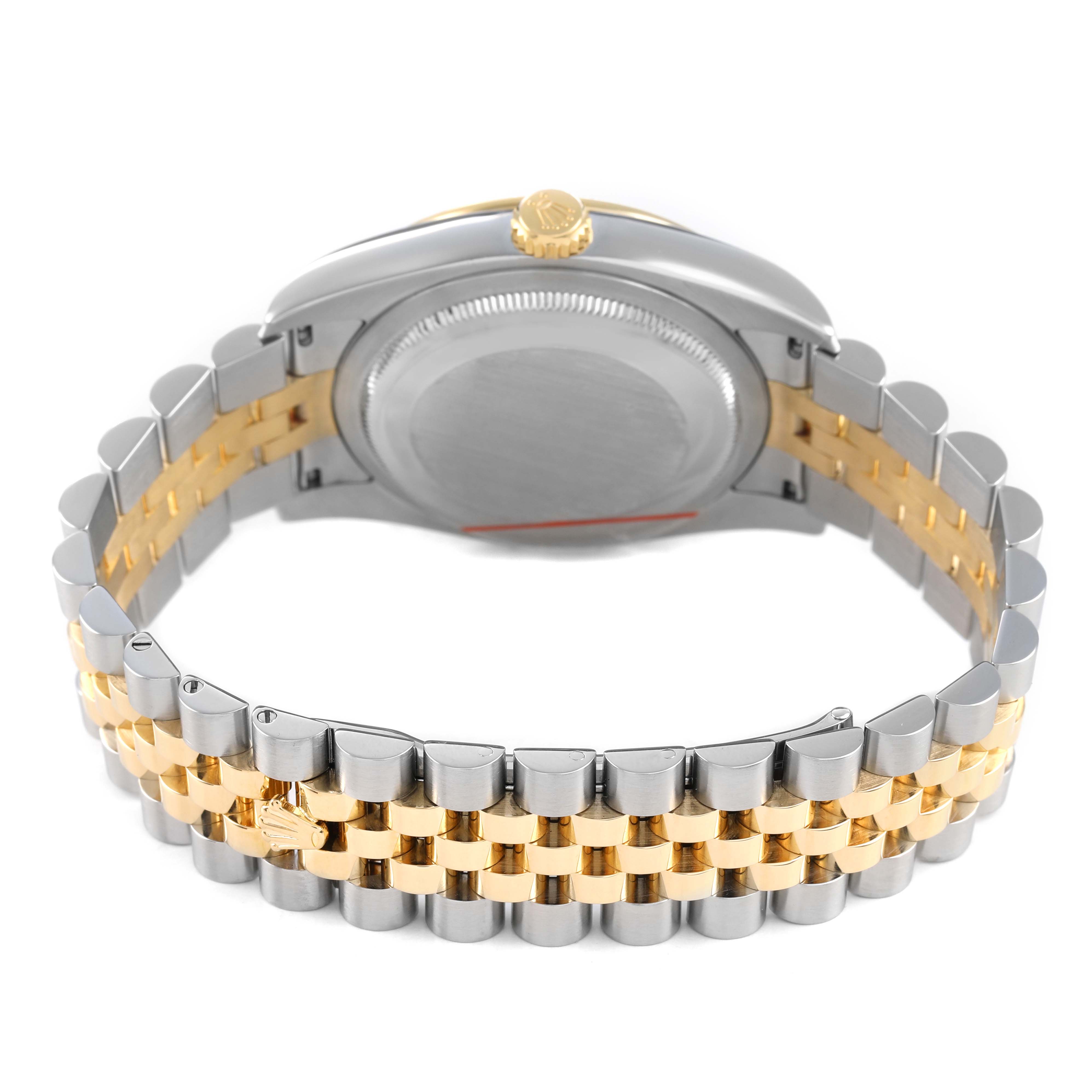 The image shows the back and side of a Rolex Datejust 116243 Men's Steel and Gold (two tone) Mother of Pearl Dial watch, highlighting the case, crown, and two-tone bracelet.