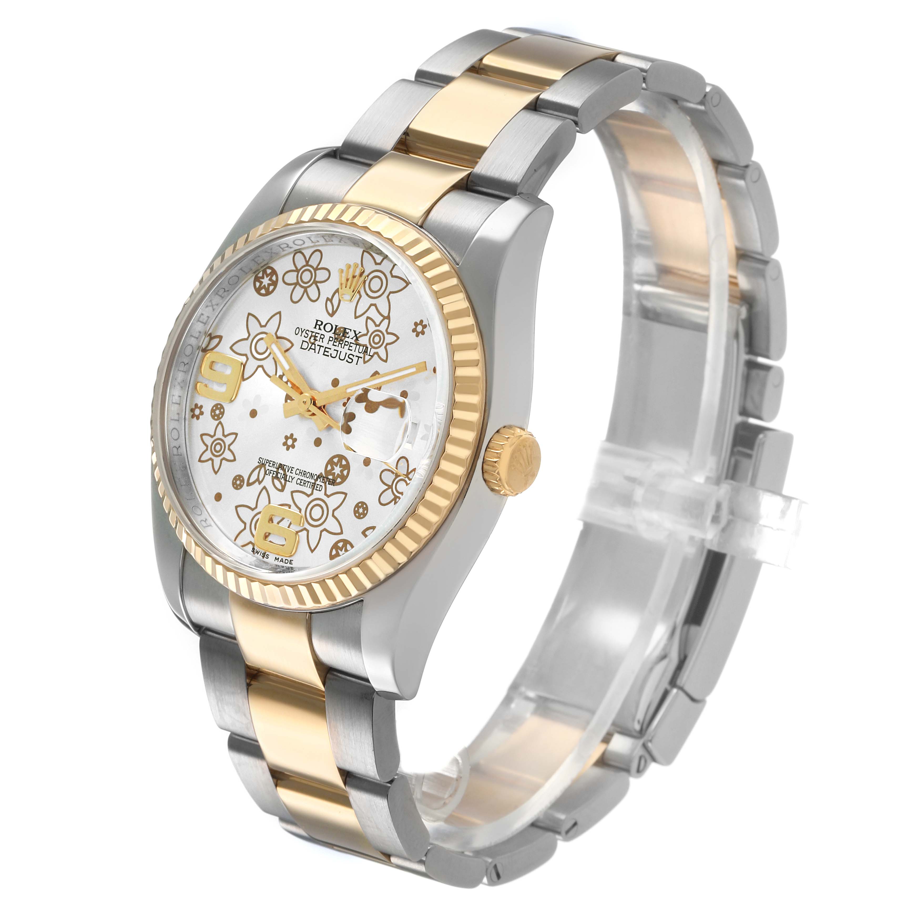 The Rolex Datejust 116233 Men's Steel and Gold (two tone) Silver Dial watch is shown at a three-quarter angle, highlighting the dial, bezel, and bracelet.