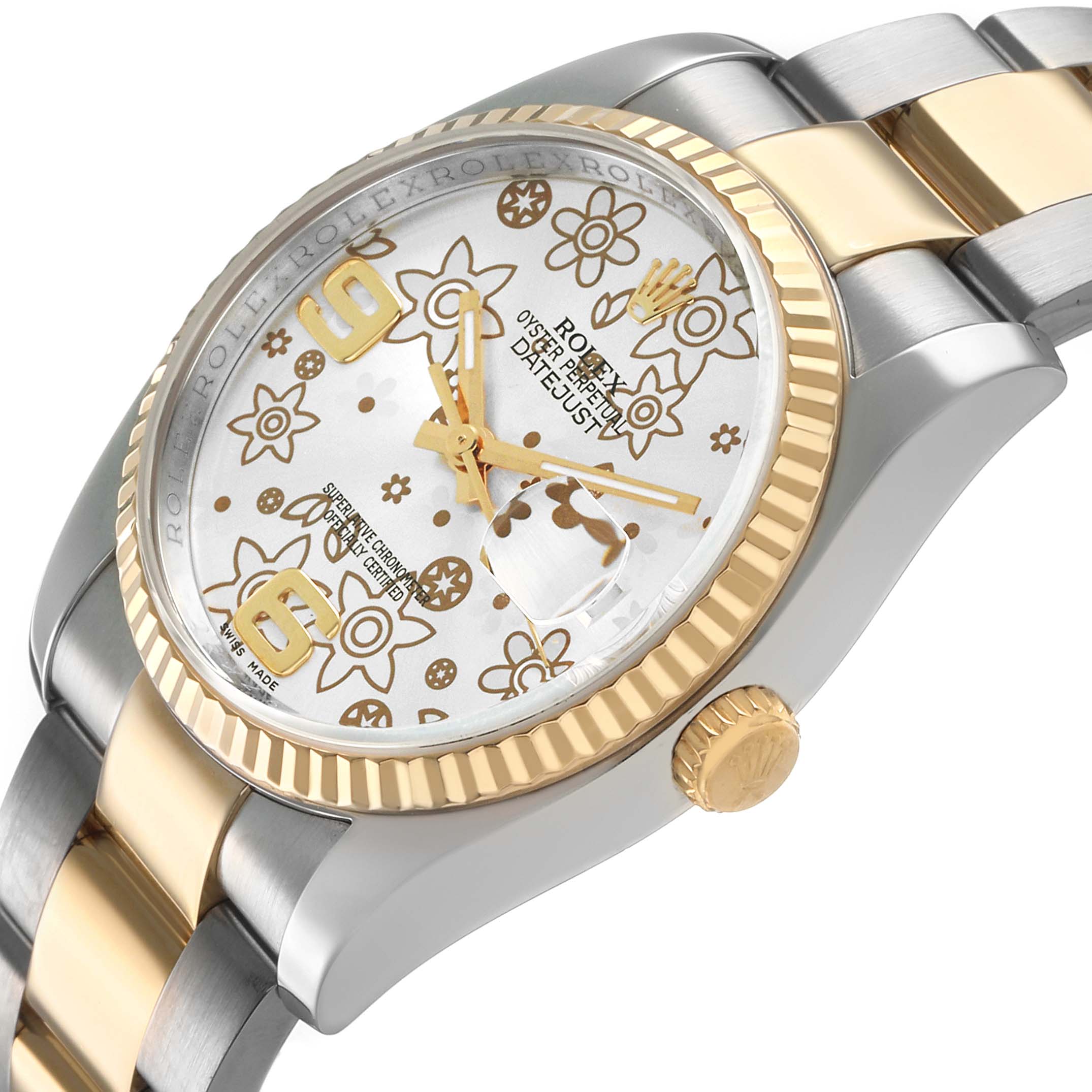 The Rolex Datejust 116233 Men's Steel and Gold (two tone) Silver Dial watch is shown at an angled side view, highlighting the case, bezel, dial, and part of the bracelet.