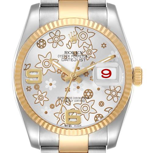 The image shows a front view of a Rolex Datejust 116233 Men's Steel and Gold (two tone) Silver Dial watch featuring a floral-patterned dial and a two-tone metal bracelet.